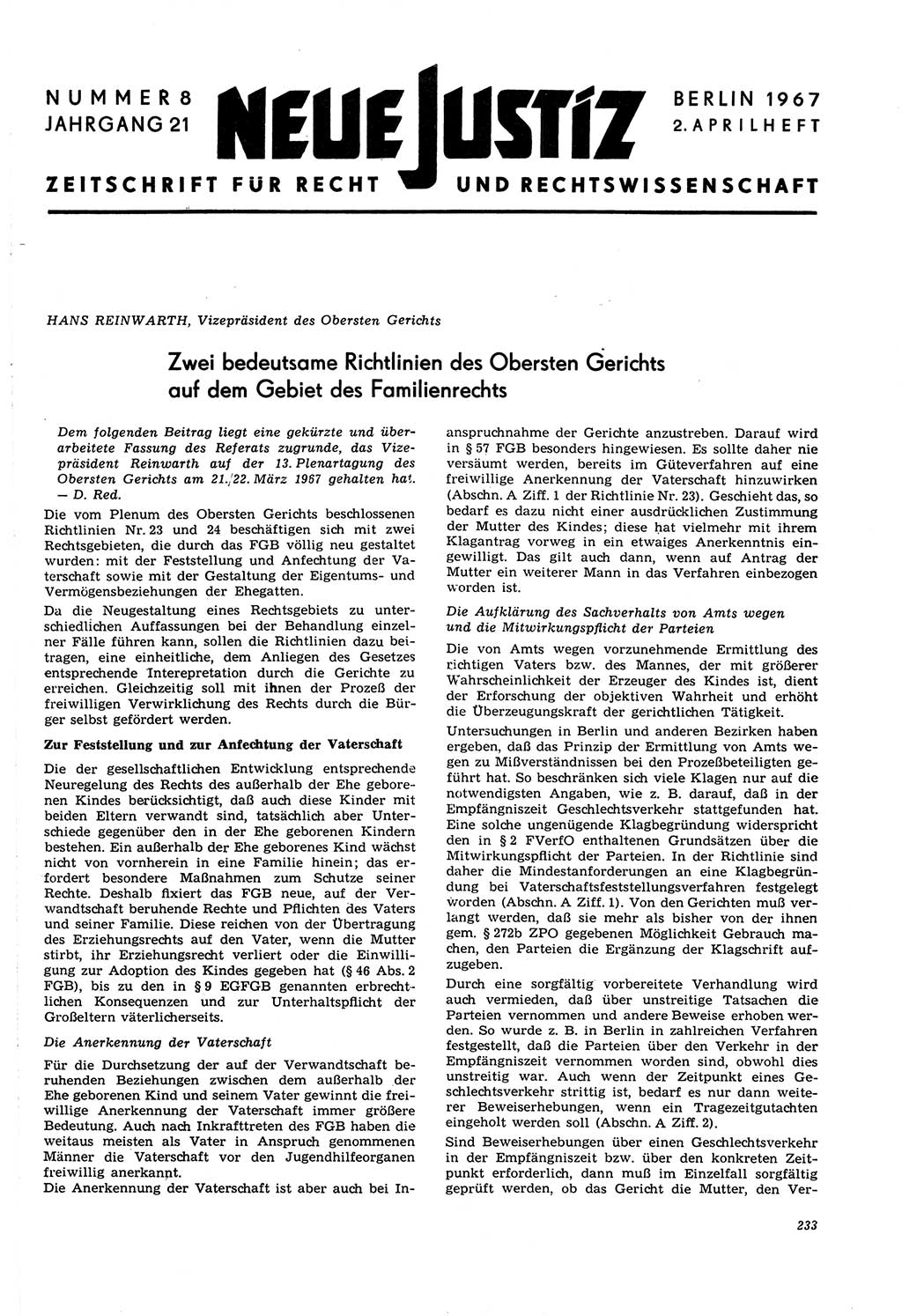 Neue Justiz (NJ), Zeitschrift für Recht und Rechtswissenschaft [Deutsche Demokratische Republik (DDR)], 21. Jahrgang 1967, Seite 233 (NJ DDR 1967, S. 233)