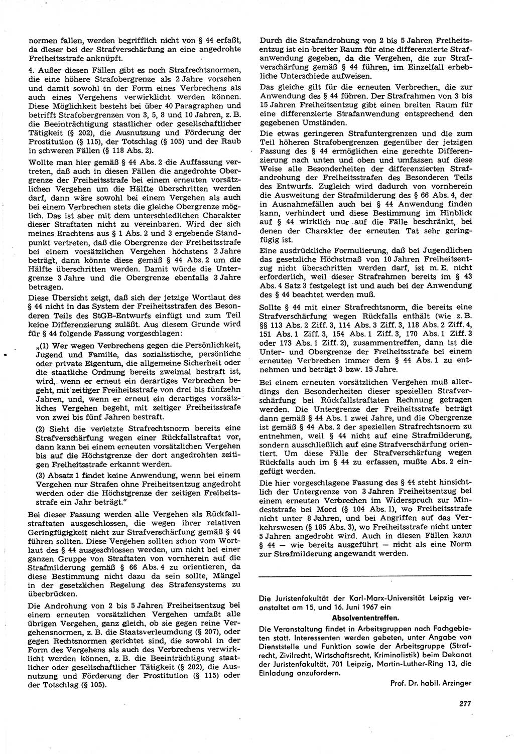Neue Justiz (NJ), Zeitschrift für Recht und Rechtswissenschaft [Deutsche Demokratische Republik (DDR)], 21. Jahrgang 1967, Seite 277 (NJ DDR 1967, S. 277)