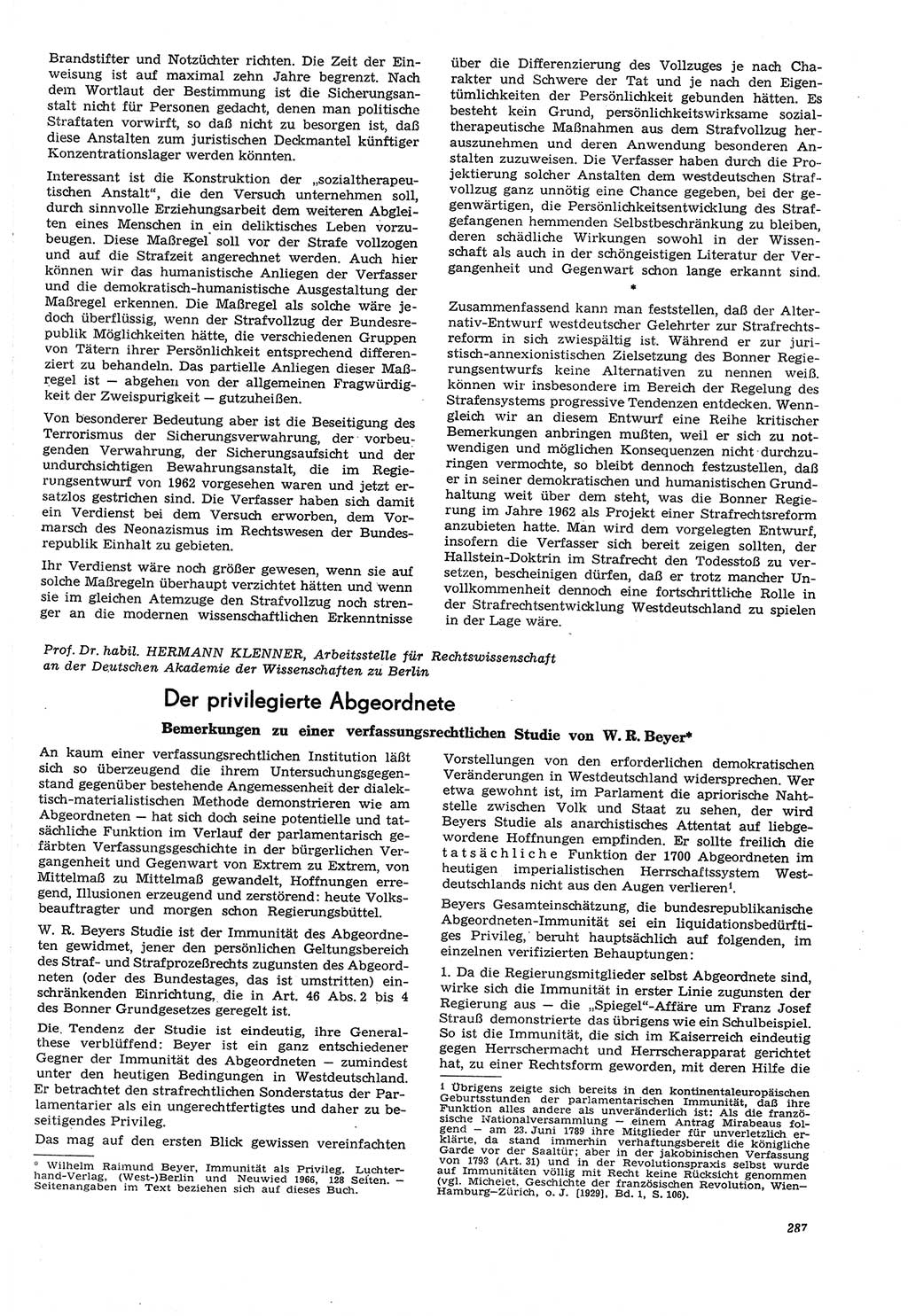 Neue Justiz (NJ), Zeitschrift für Recht und Rechtswissenschaft [Deutsche Demokratische Republik (DDR)], 21. Jahrgang 1967, Seite 287 (NJ DDR 1967, S. 287)