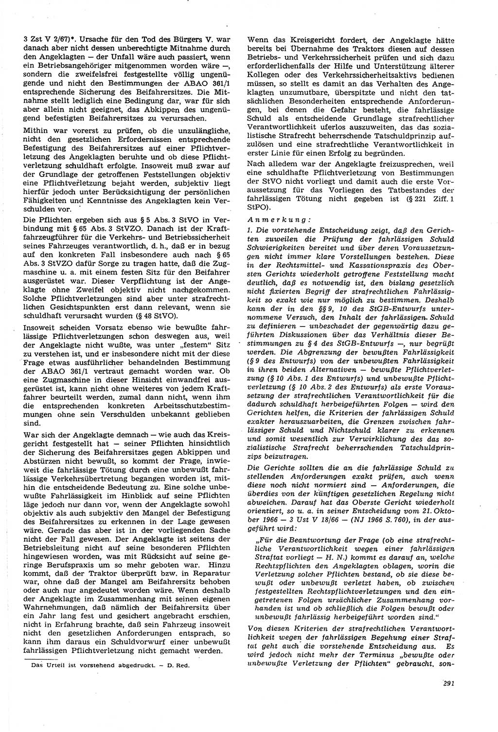Neue Justiz (NJ), Zeitschrift für Recht und Rechtswissenschaft [Deutsche Demokratische Republik (DDR)], 21. Jahrgang 1967, Seite 291 (NJ DDR 1967, S. 291)