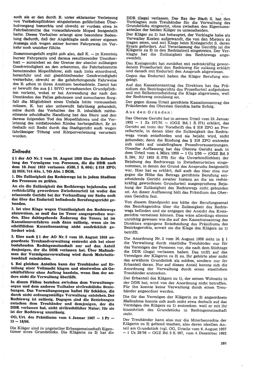 Neue Justiz (NJ), Zeitschrift für Recht und Rechtswissenschaft [Deutsche Demokratische Republik (DDR)], 21. Jahrgang 1967, Seite 295 (NJ DDR 1967, S. 295)