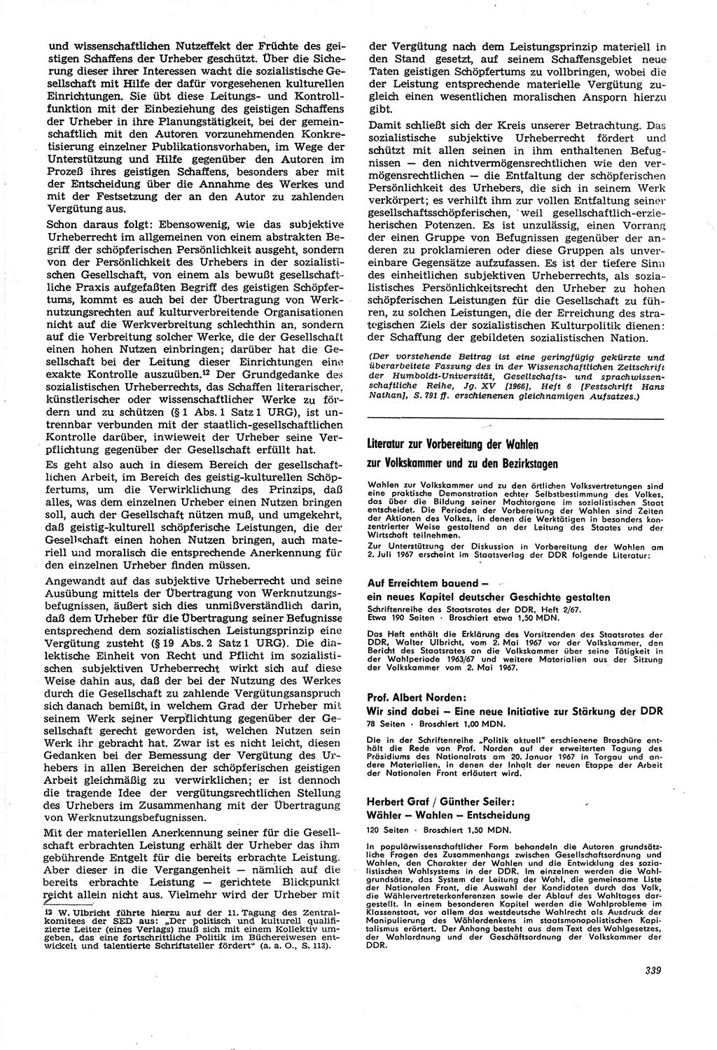 Neue Justiz (NJ), Zeitschrift für Recht und Rechtswissenschaft [Deutsche Demokratische Republik (DDR)], 21. Jahrgang 1967, Seite 339 (NJ DDR 1967, S. 339)