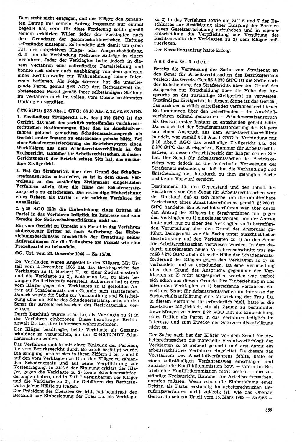 Neue Justiz (NJ), Zeitschrift für Recht und Rechtswissenschaft [Deutsche Demokratische Republik (DDR)], 21. Jahrgang 1967, Seite 359 (NJ DDR 1967, S. 359)