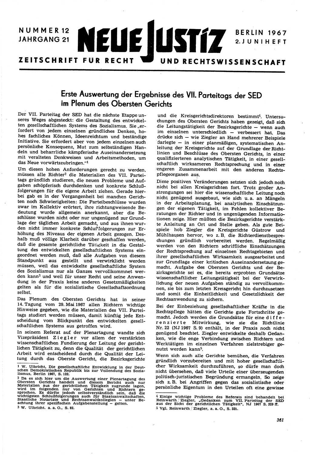Neue Justiz (NJ), Zeitschrift für Recht und Rechtswissenschaft [Deutsche Demokratische Republik (DDR)], 21. Jahrgang 1967, Seite 361 (NJ DDR 1967, S. 361)