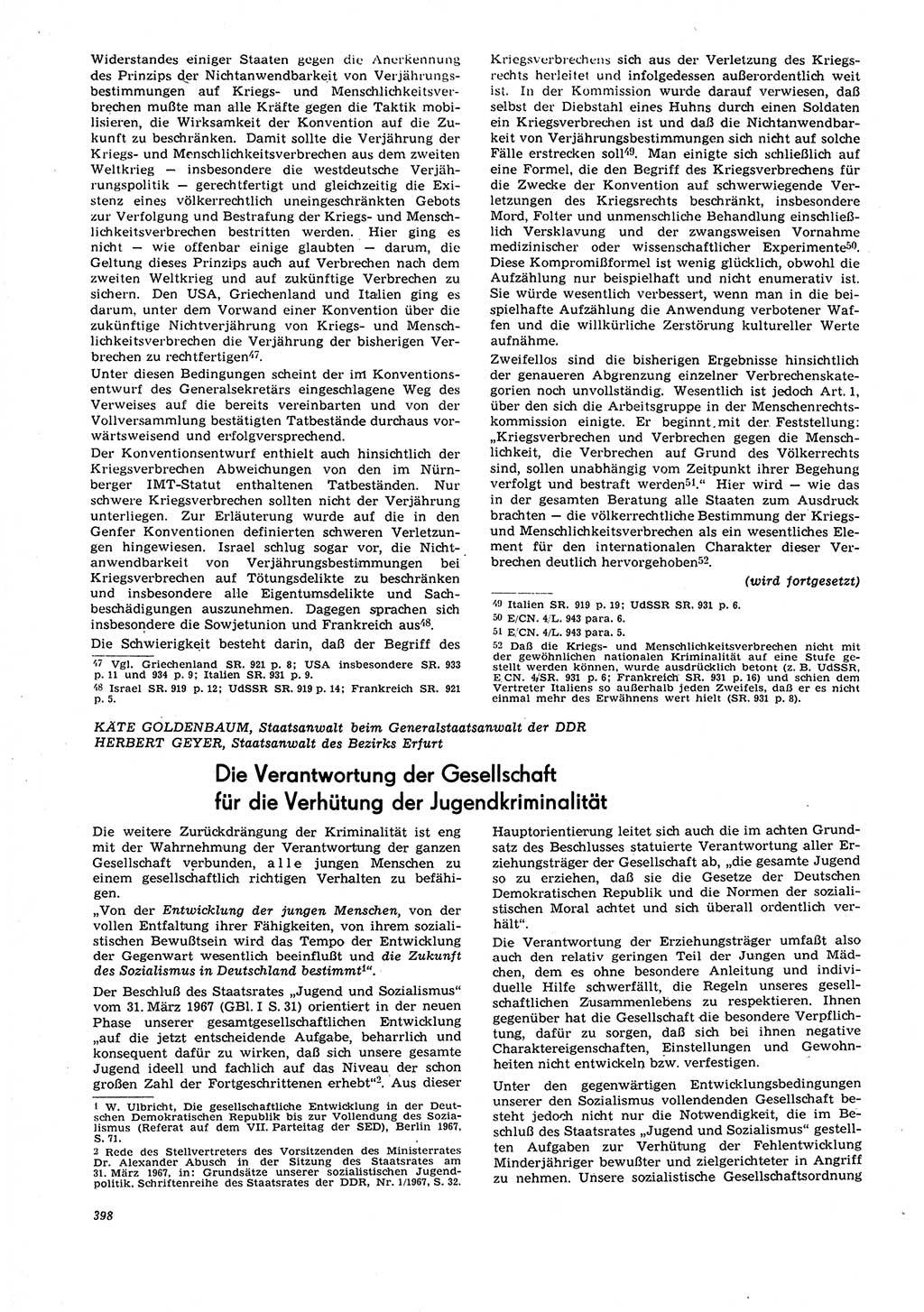 Neue Justiz (NJ), Zeitschrift für Recht und Rechtswissenschaft [Deutsche Demokratische Republik (DDR)], 21. Jahrgang 1967, Seite 398 (NJ DDR 1967, S. 398)