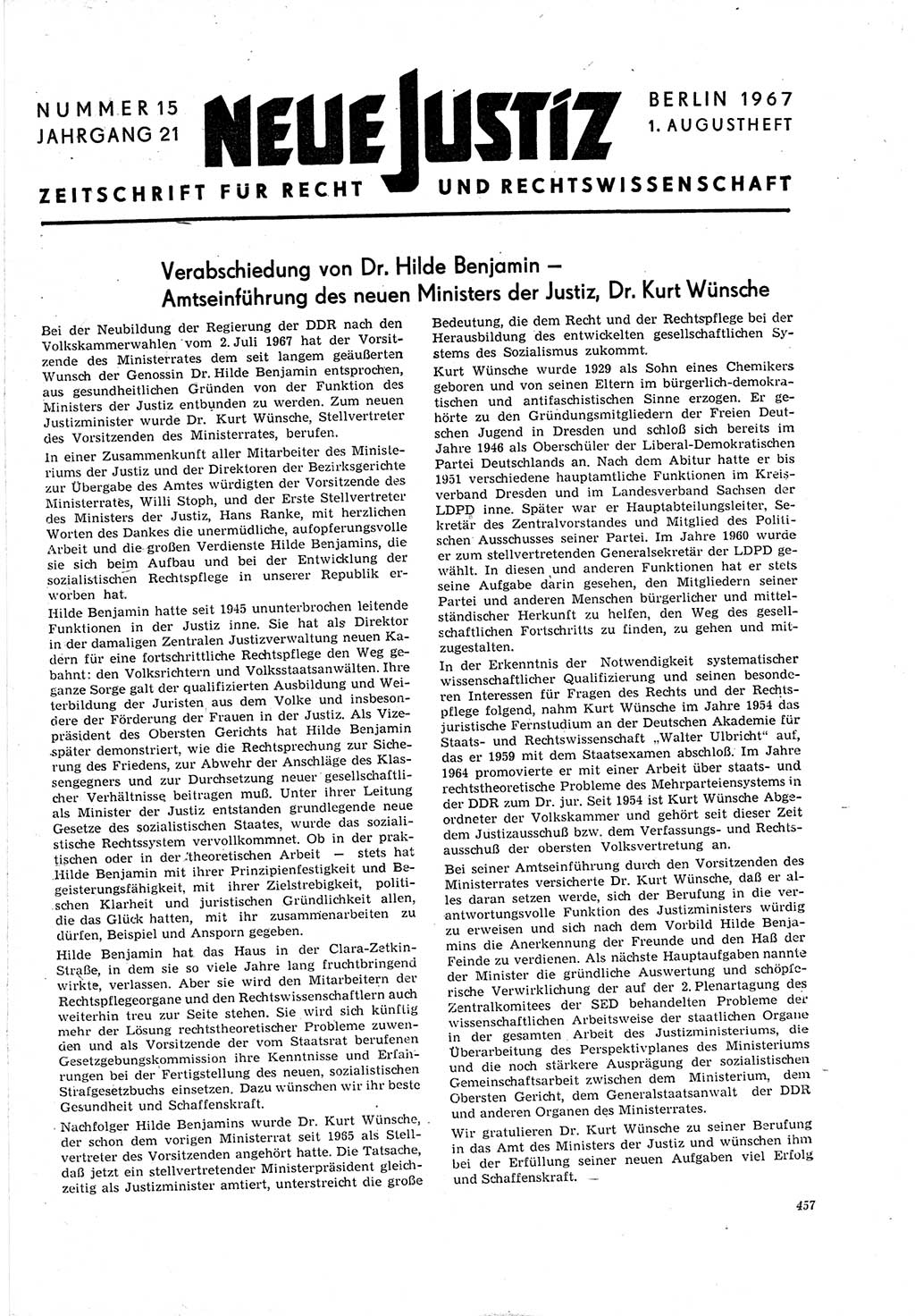 Neue Justiz (NJ), Zeitschrift für Recht und Rechtswissenschaft [Deutsche Demokratische Republik (DDR)], 21. Jahrgang 1967, Seite 457 (NJ DDR 1967, S. 457)