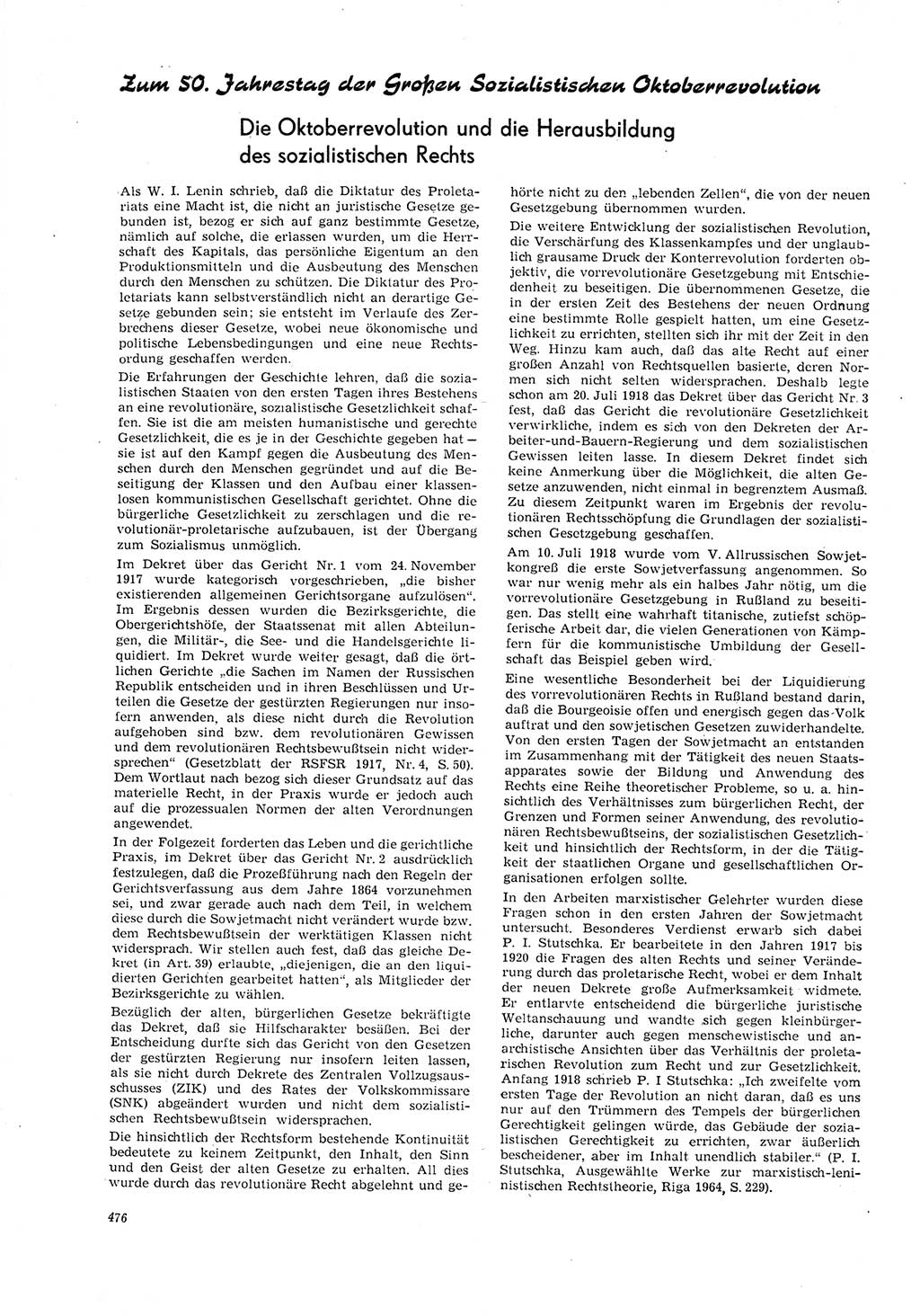 Neue Justiz (NJ), Zeitschrift für Recht und Rechtswissenschaft [Deutsche Demokratische Republik (DDR)], 21. Jahrgang 1967, Seite 476 (NJ DDR 1967, S. 476)