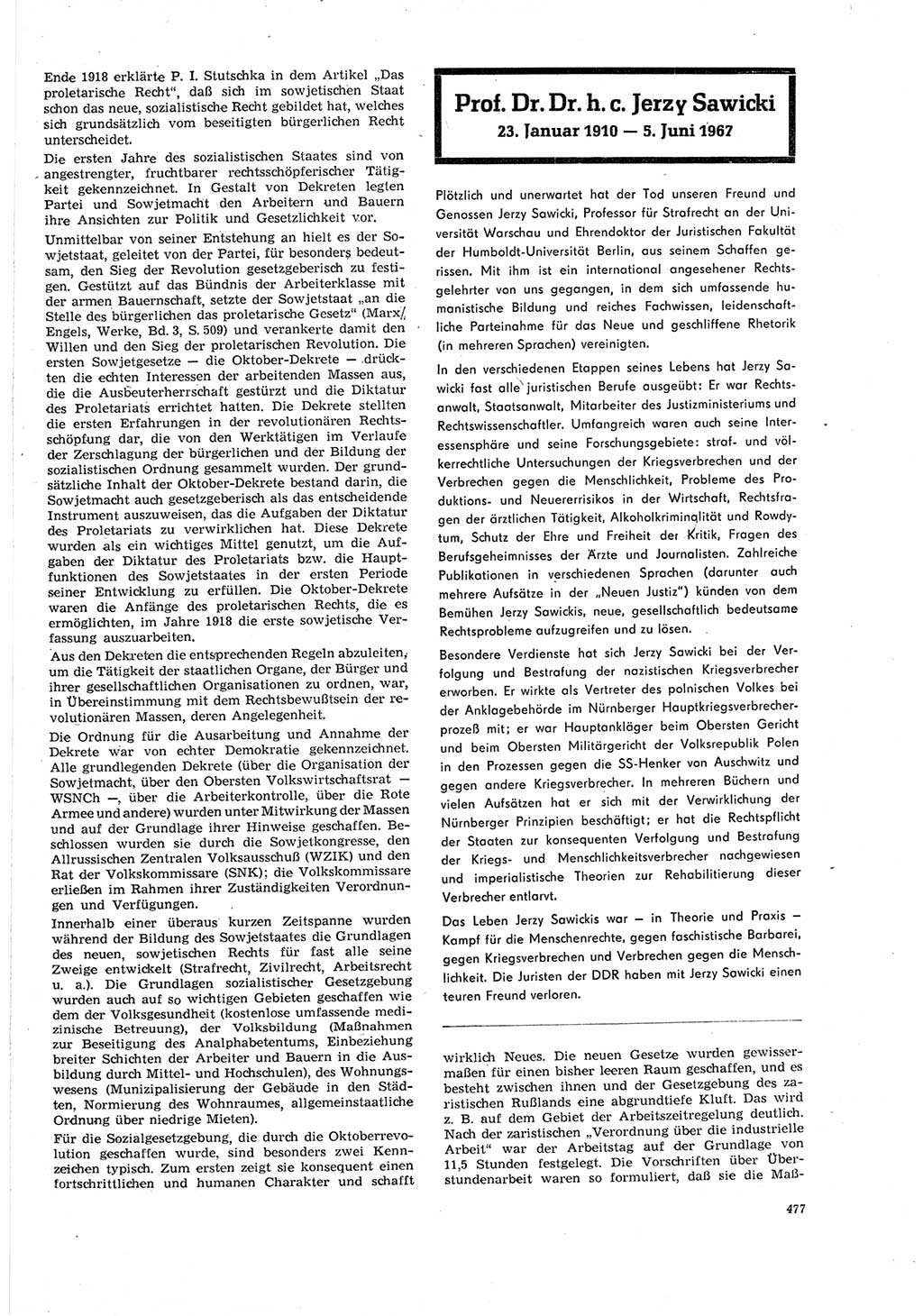 Neue Justiz (NJ), Zeitschrift für Recht und Rechtswissenschaft [Deutsche Demokratische Republik (DDR)], 21. Jahrgang 1967, Seite 477 (NJ DDR 1967, S. 477)