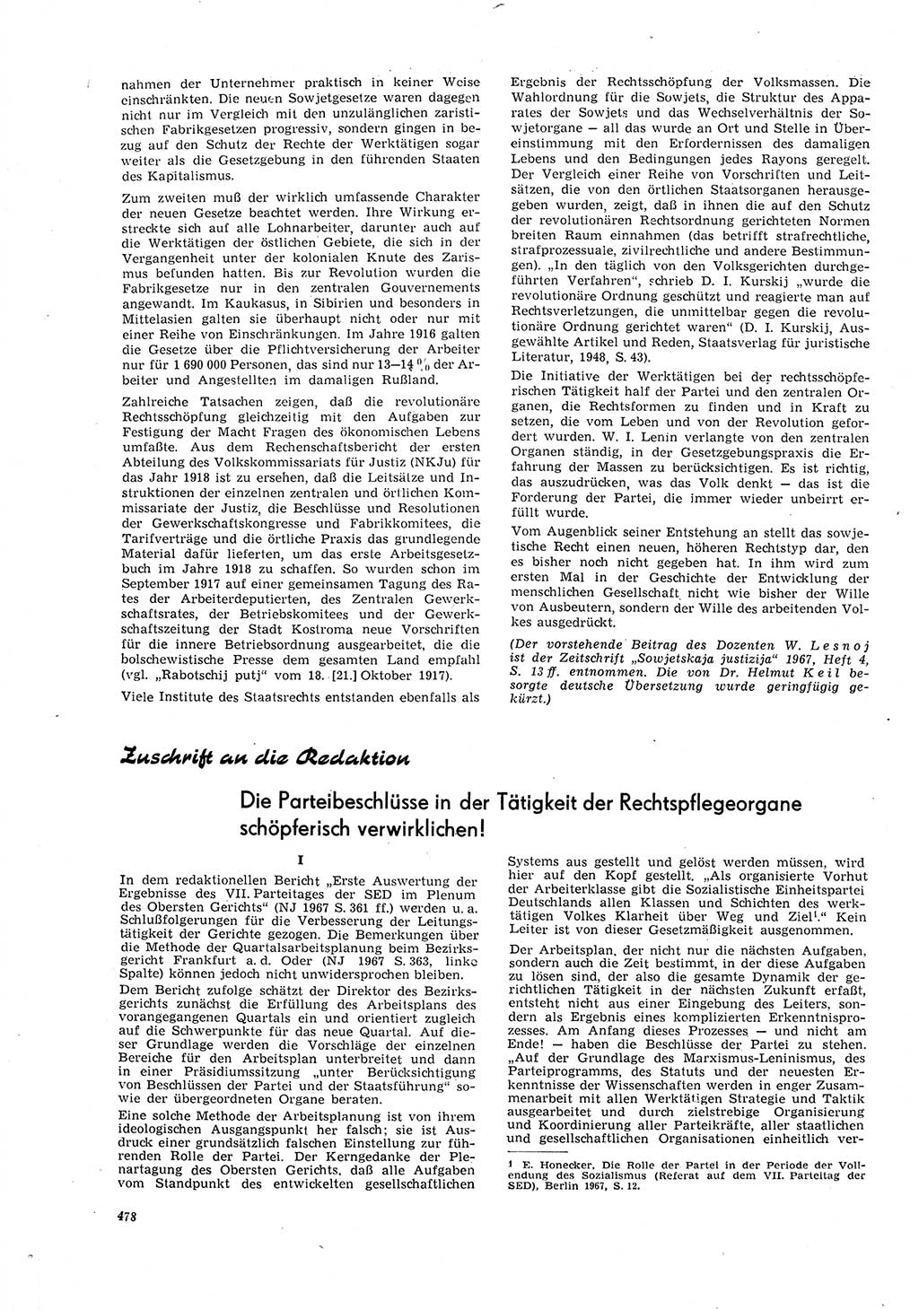 Neue Justiz (NJ), Zeitschrift für Recht und Rechtswissenschaft [Deutsche Demokratische Republik (DDR)], 21. Jahrgang 1967, Seite 478 (NJ DDR 1967, S. 478)