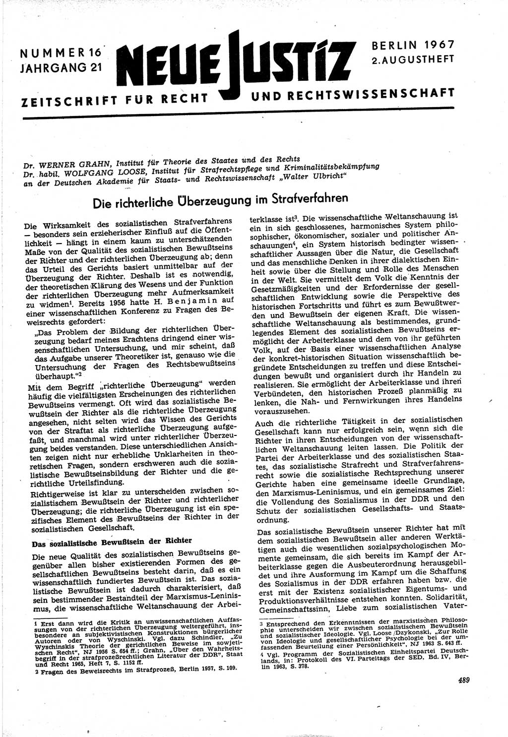 Neue Justiz (NJ), Zeitschrift für Recht und Rechtswissenschaft [Deutsche Demokratische Republik (DDR)], 21. Jahrgang 1967, Seite 489 (NJ DDR 1967, S. 489)