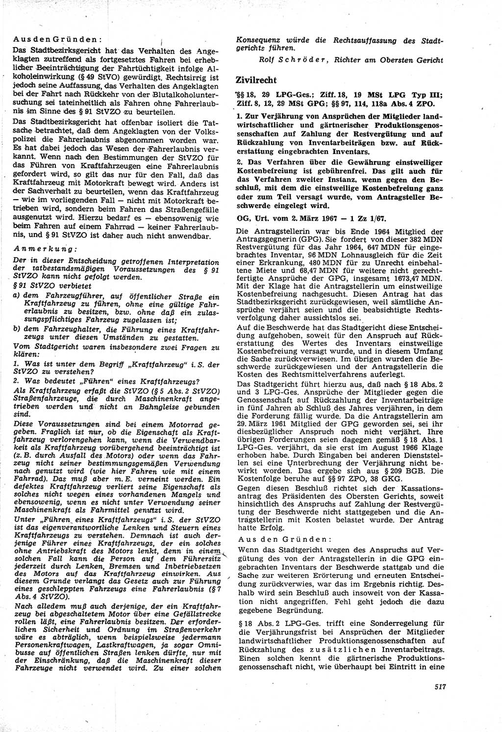 Neue Justiz (NJ), Zeitschrift für Recht und Rechtswissenschaft [Deutsche Demokratische Republik (DDR)], 21. Jahrgang 1967, Seite 517 (NJ DDR 1967, S. 517)