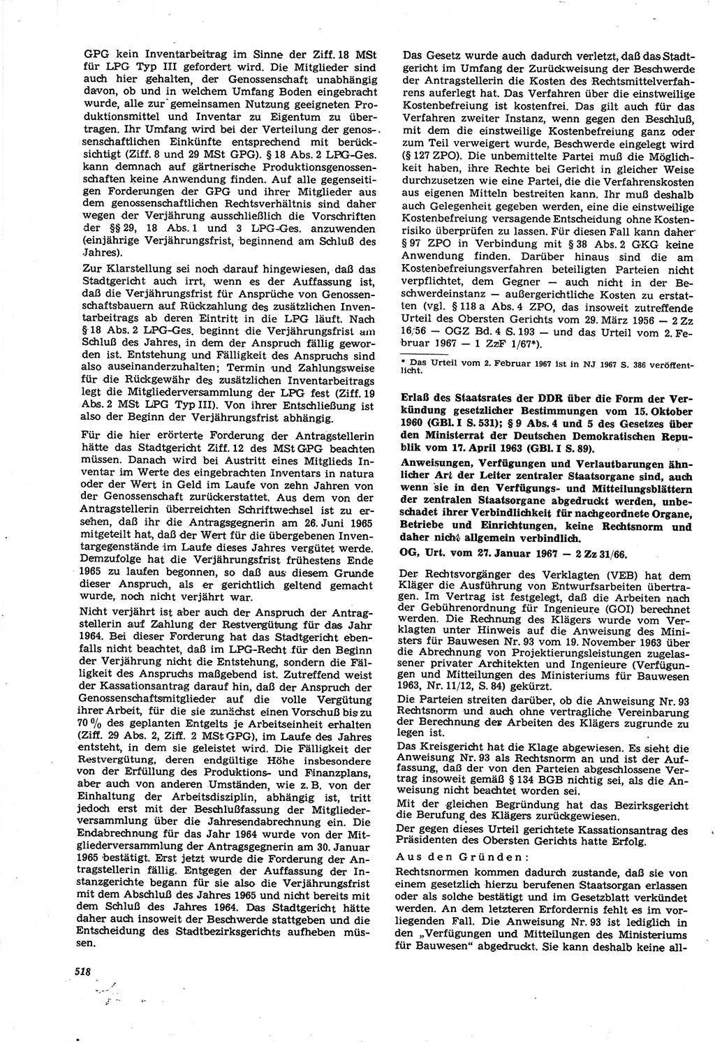 Neue Justiz (NJ), Zeitschrift für Recht und Rechtswissenschaft [Deutsche Demokratische Republik (DDR)], 21. Jahrgang 1967, Seite 518 (NJ DDR 1967, S. 518)