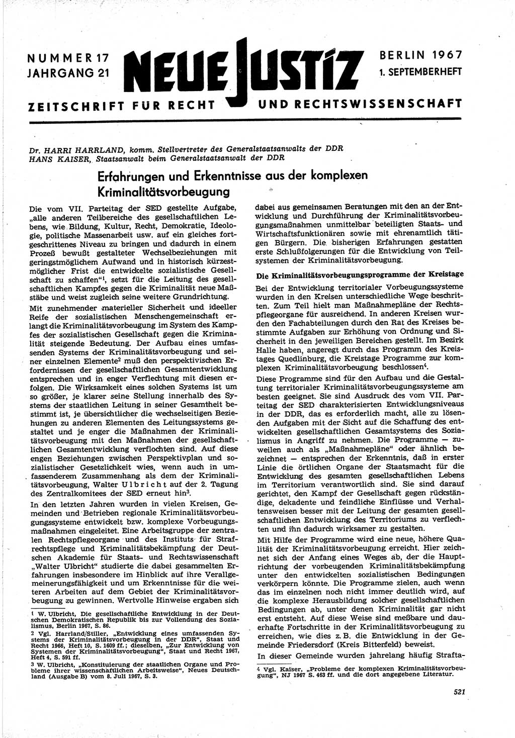 Neue Justiz (NJ), Zeitschrift für Recht und Rechtswissenschaft [Deutsche Demokratische Republik (DDR)], 21. Jahrgang 1967, Seite 521 (NJ DDR 1967, S. 521)