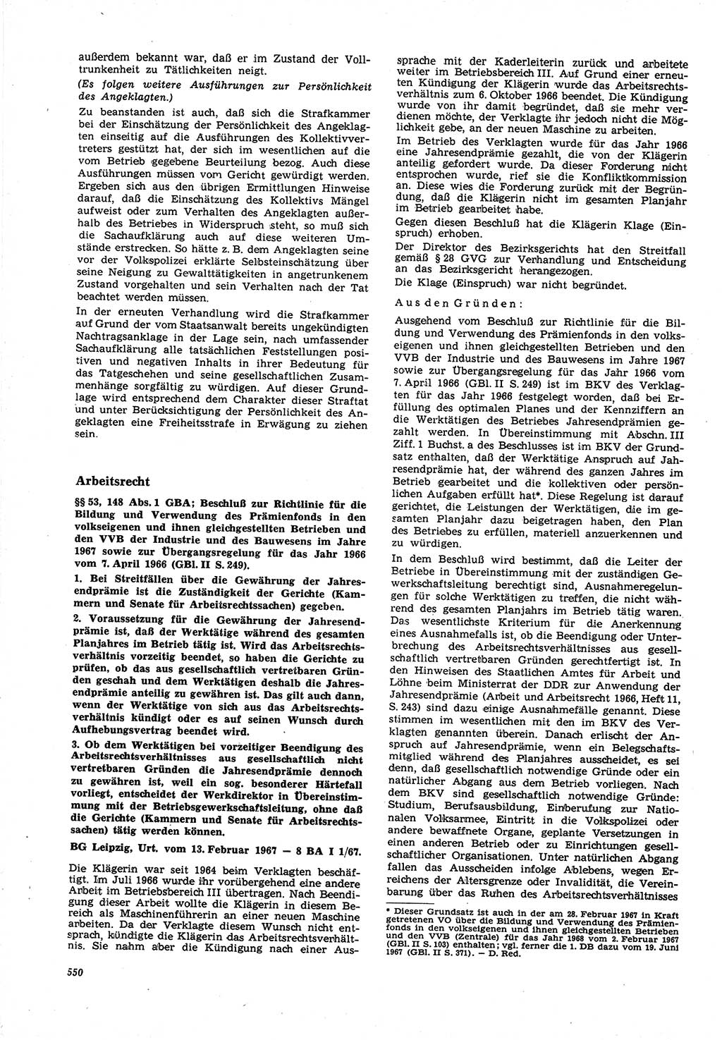 Neue Justiz (NJ), Zeitschrift für Recht und Rechtswissenschaft [Deutsche Demokratische Republik (DDR)], 21. Jahrgang 1967, Seite 550 (NJ DDR 1967, S. 550)