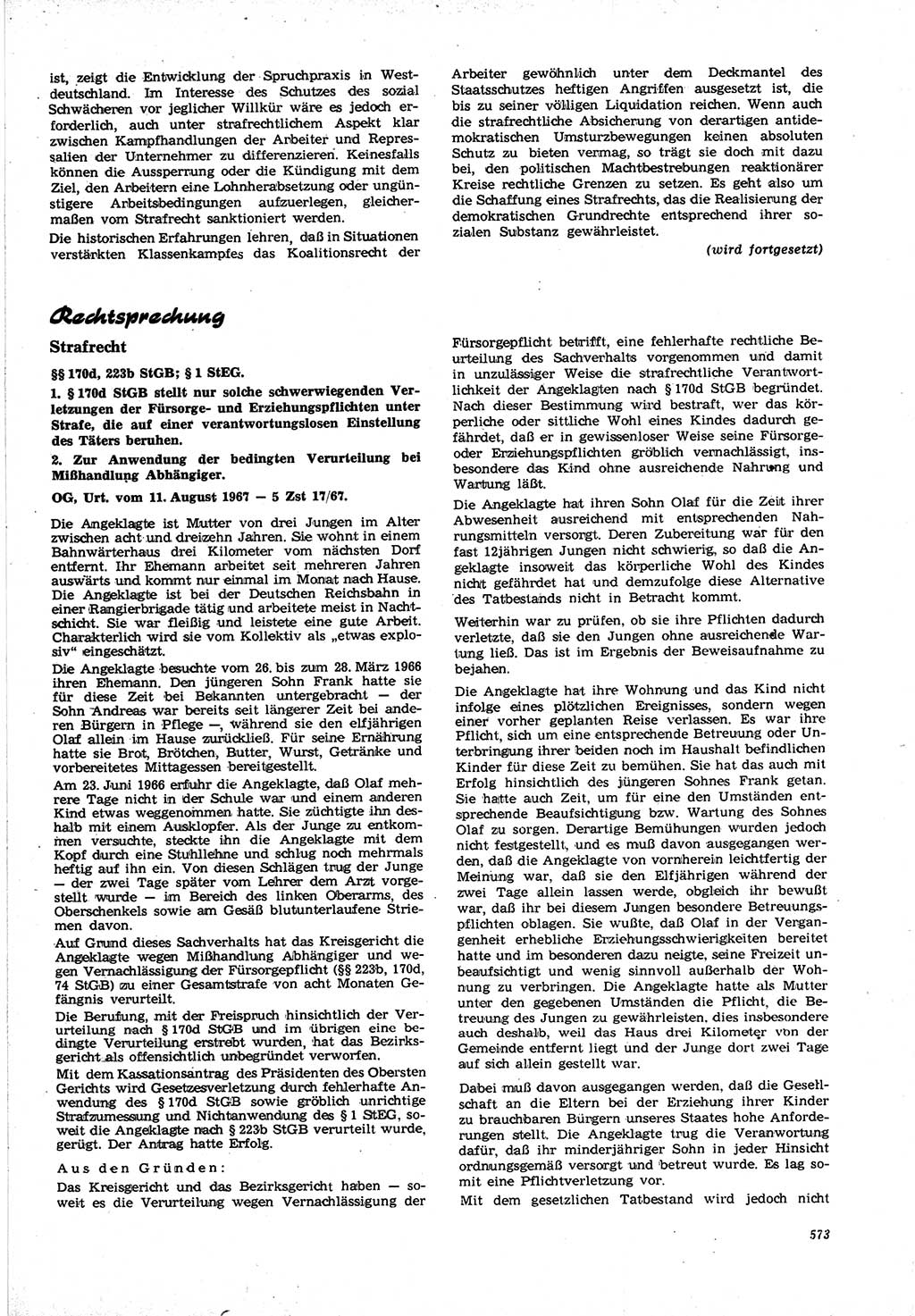 Neue Justiz (NJ), Zeitschrift für Recht und Rechtswissenschaft [Deutsche Demokratische Republik (DDR)], 21. Jahrgang 1967, Seite 573 (NJ DDR 1967, S. 573)