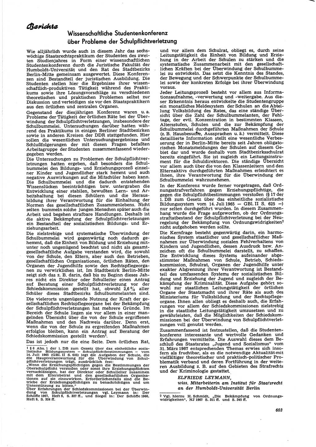 Neue Justiz (NJ), Zeitschrift für Recht und Rechtswissenschaft [Deutsche Demokratische Republik (DDR)], 21. Jahrgang 1967, Seite 603 (NJ DDR 1967, S. 603)