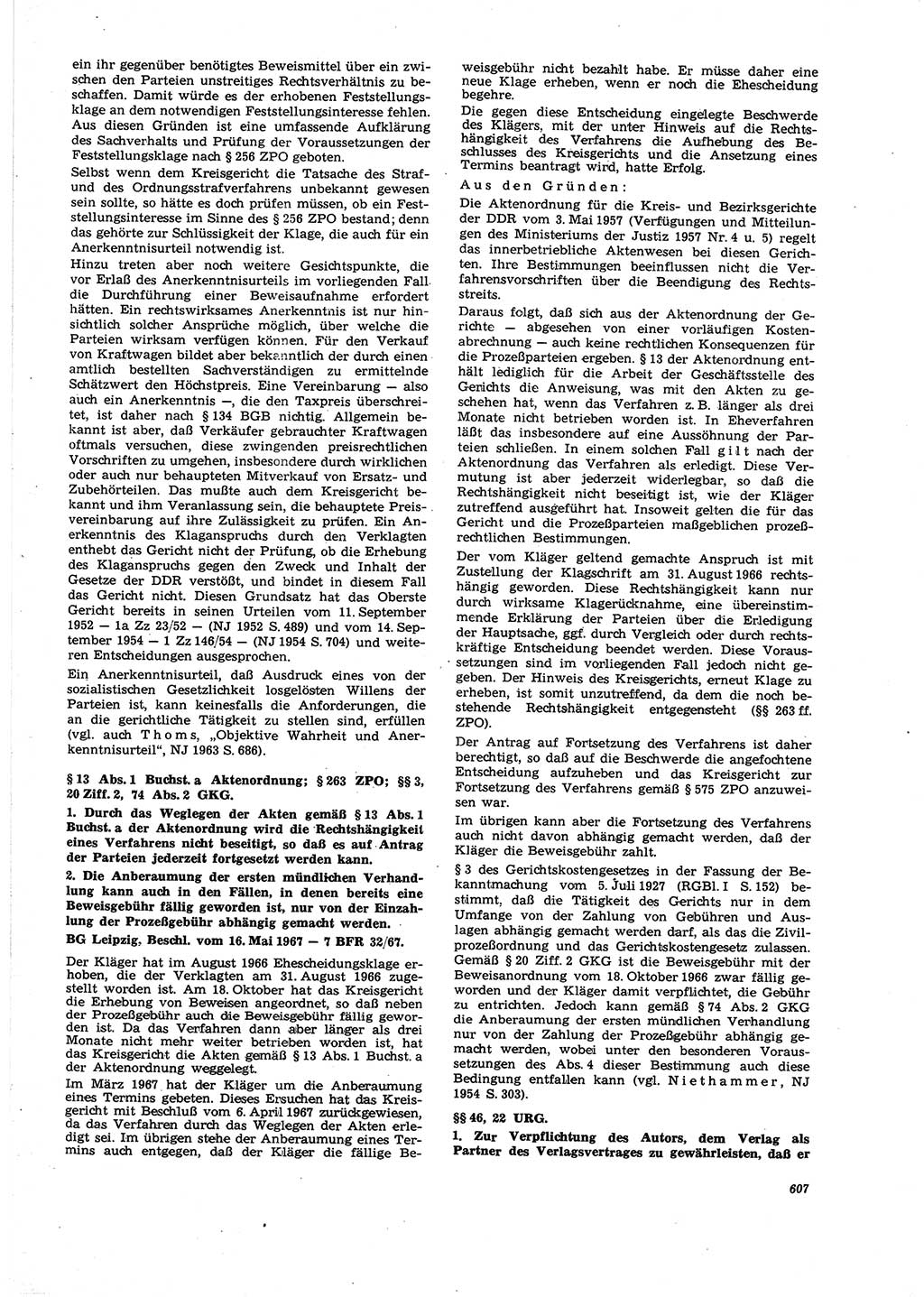 Neue Justiz (NJ), Zeitschrift für Recht und Rechtswissenschaft [Deutsche Demokratische Republik (DDR)], 21. Jahrgang 1967, Seite 607 (NJ DDR 1967, S. 607)