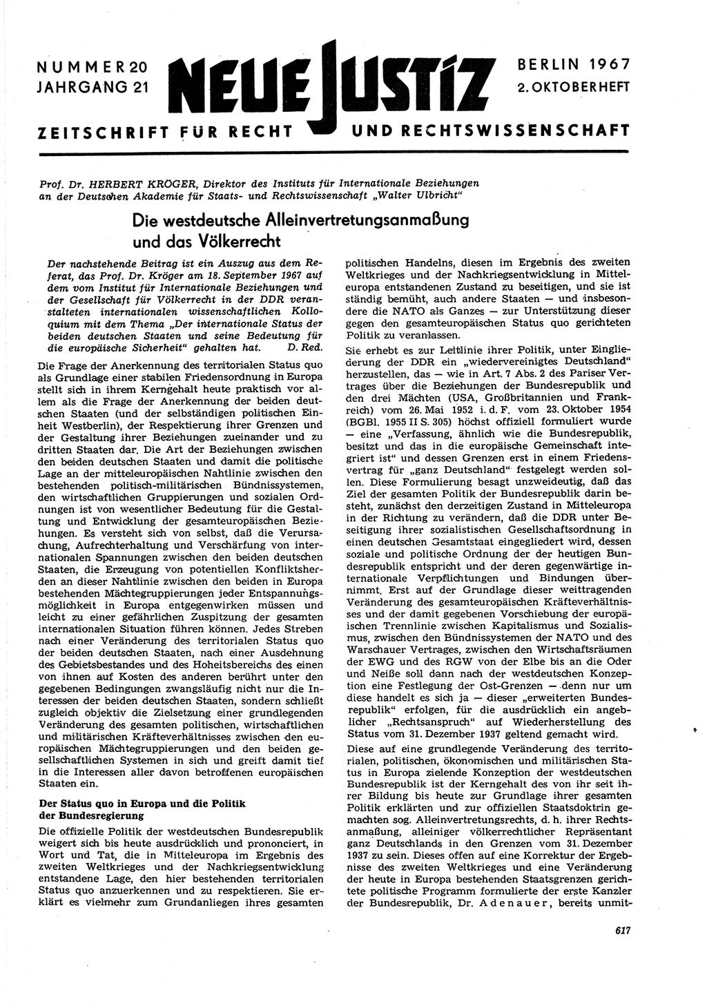 Neue Justiz (NJ), Zeitschrift für Recht und Rechtswissenschaft [Deutsche Demokratische Republik (DDR)], 21. Jahrgang 1967, Seite 617 (NJ DDR 1967, S. 617)