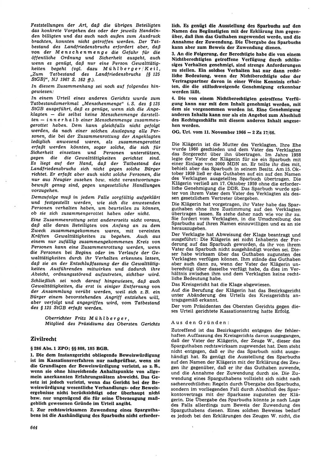 Neue Justiz (NJ), Zeitschrift für Recht und Rechtswissenschaft [Deutsche Demokratische Republik (DDR)], 21. Jahrgang 1967, Seite 644 (NJ DDR 1967, S. 644)