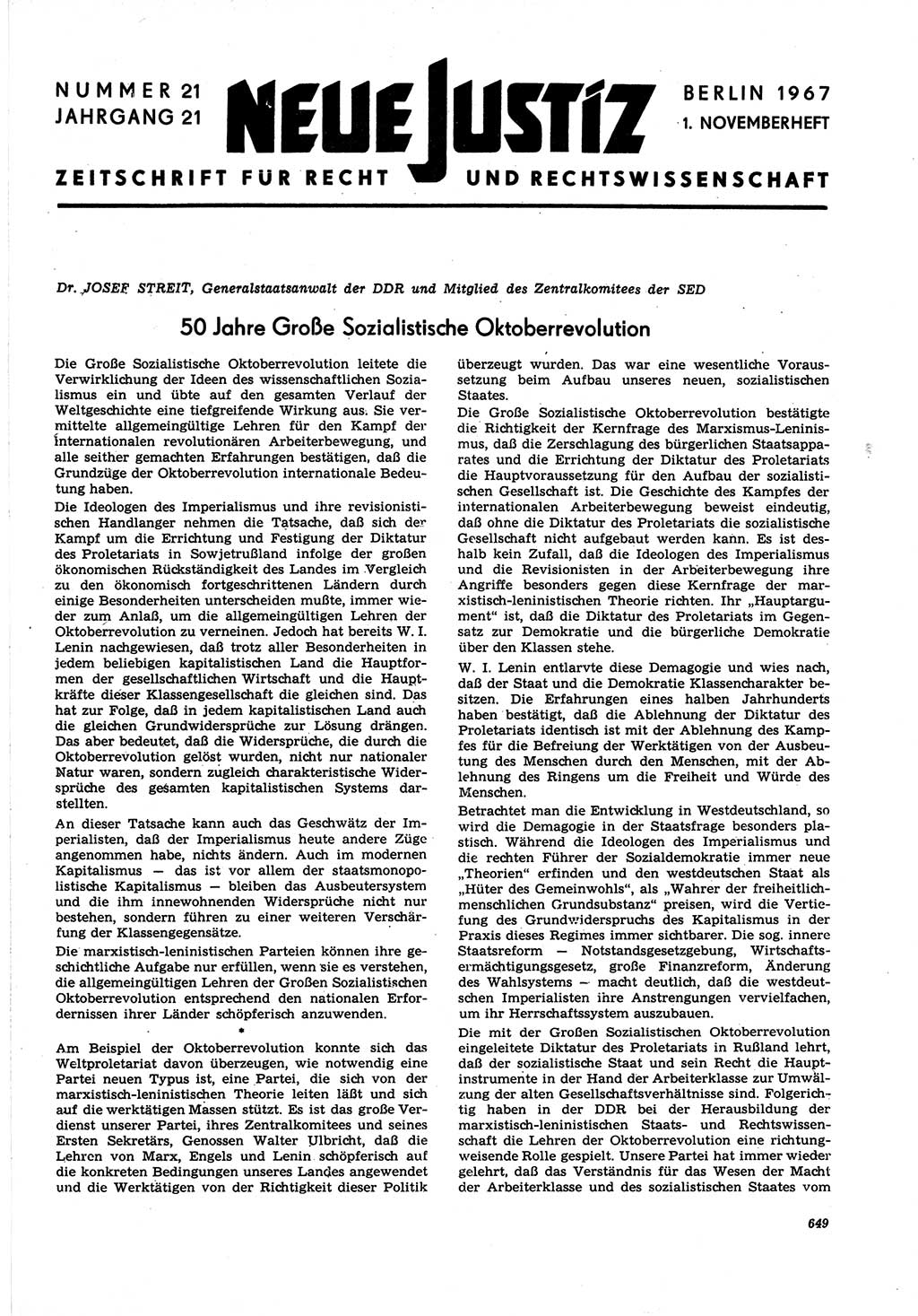 Neue Justiz (NJ), Zeitschrift für Recht und Rechtswissenschaft [Deutsche Demokratische Republik (DDR)], 21. Jahrgang 1967, Seite 649 (NJ DDR 1967, S. 649)