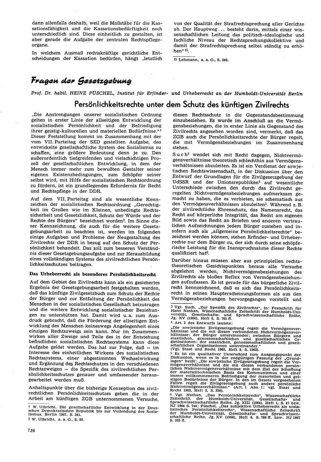 Neue Justiz (NJ), Zeitschrift für Recht und Rechtswissenschaft [Deutsche Demokratische Republik (DDR)], 21. Jahrgang 1967, Seite 726 (NJ DDR 1967, S. 726)