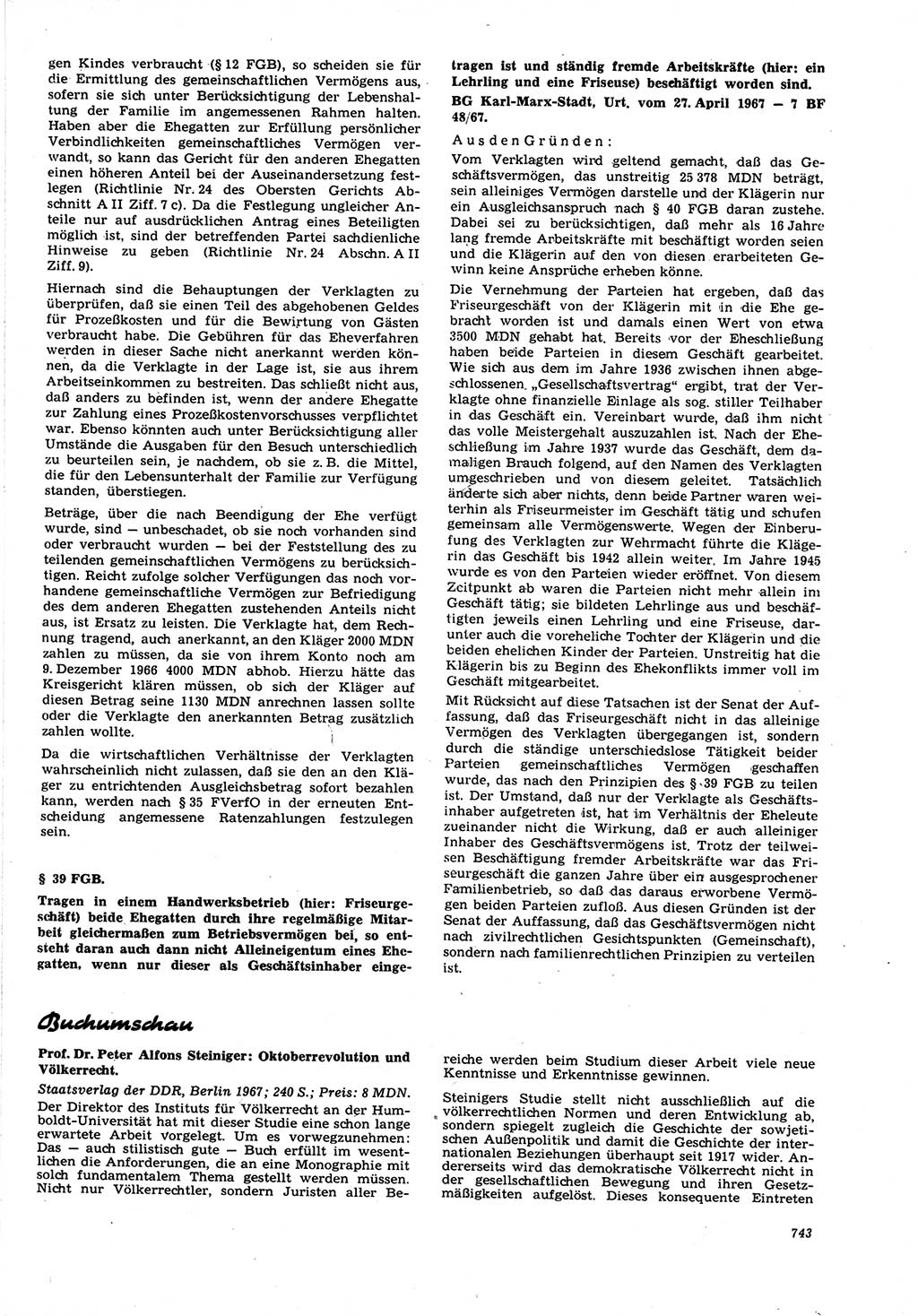 Neue Justiz (NJ), Zeitschrift für Recht und Rechtswissenschaft [Deutsche Demokratische Republik (DDR)], 21. Jahrgang 1967, Seite 743 (NJ DDR 1967, S. 743)