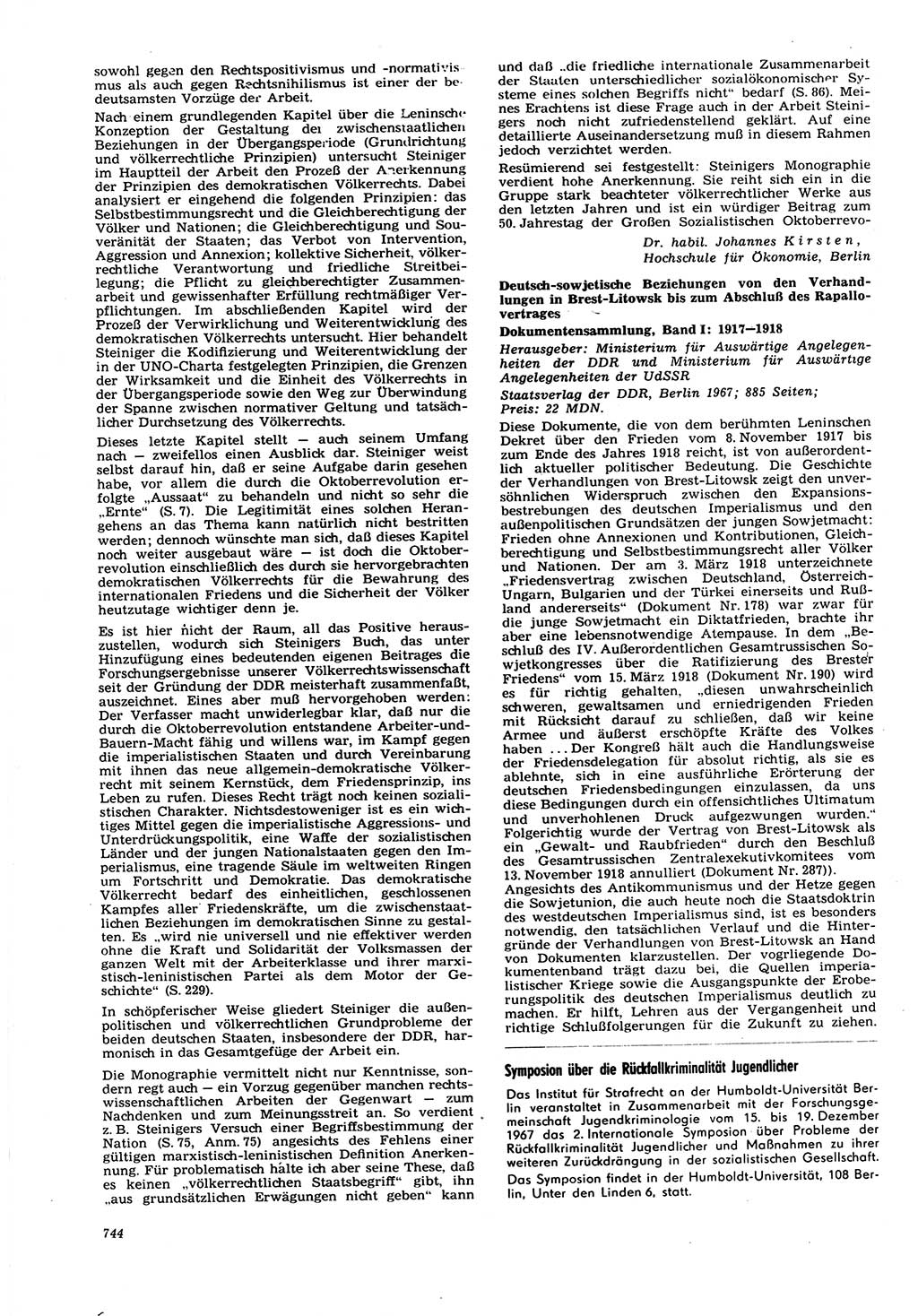 Neue Justiz (NJ), Zeitschrift für Recht und Rechtswissenschaft [Deutsche Demokratische Republik (DDR)], 21. Jahrgang 1967, Seite 744 (NJ DDR 1967, S. 744)