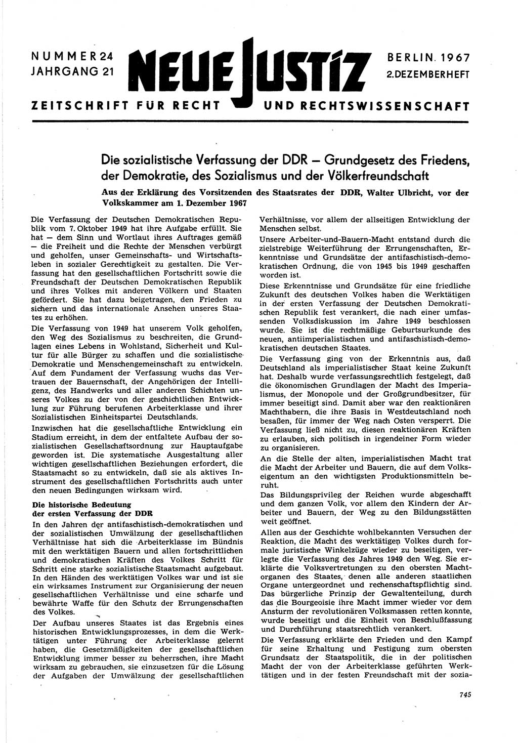 Neue Justiz (NJ), Zeitschrift für Recht und Rechtswissenschaft [Deutsche Demokratische Republik (DDR)], 21. Jahrgang 1967, Seite 745 (NJ DDR 1967, S. 745)