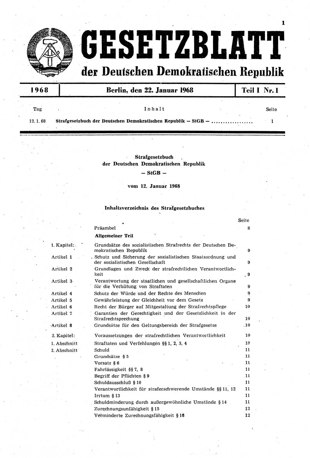 Gesetzblatt (GBl.) der Deutschen Demokratischen Republik (DDR) Teil Ⅰ 1968, Seite 1 (GBl. DDR Ⅰ 1968, S. 1)