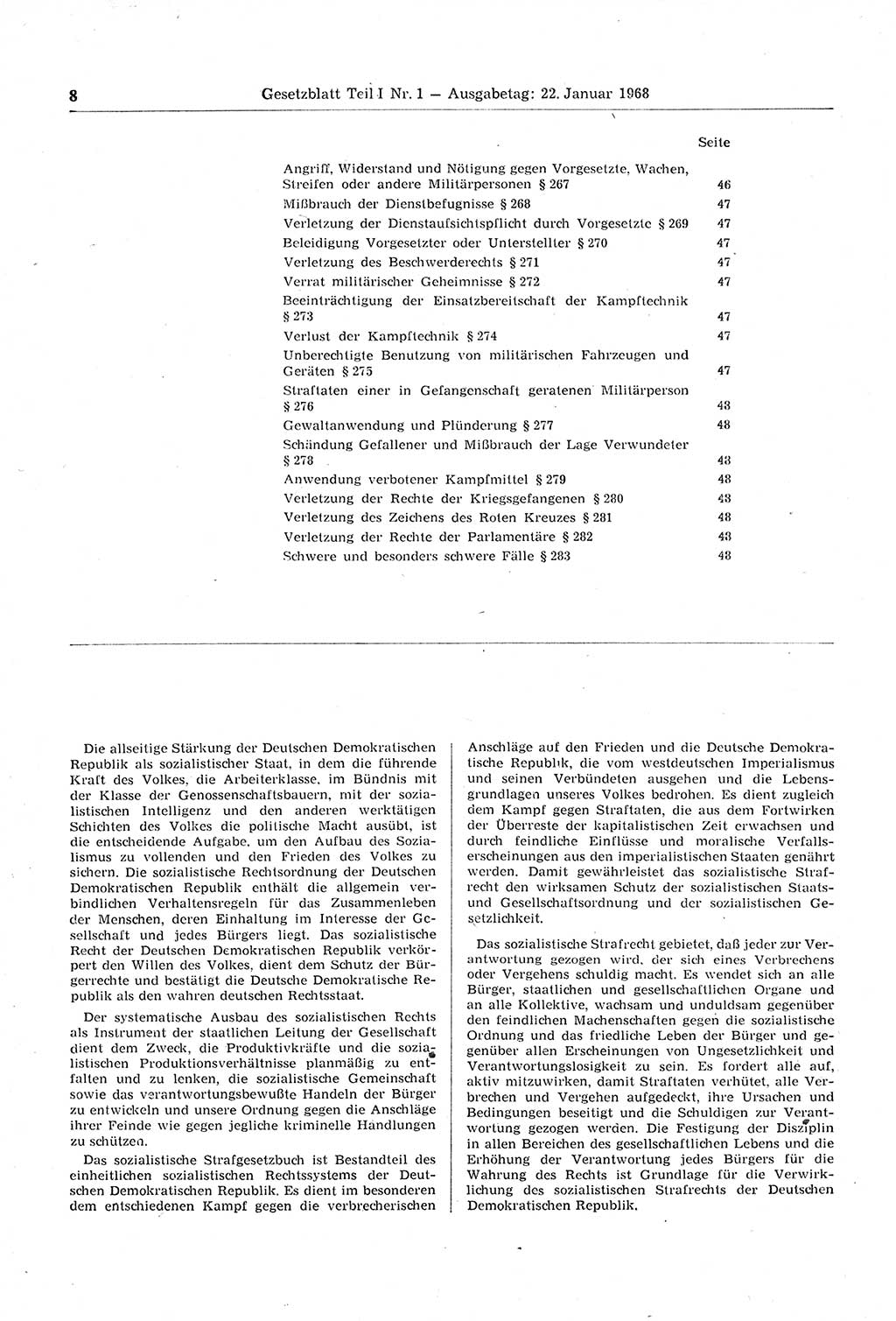 Gesetzblatt (GBl.) der Deutschen Demokratischen Republik (DDR) Teil Ⅰ 1968, Seite 8 (GBl. DDR Ⅰ 1968, S. 8)