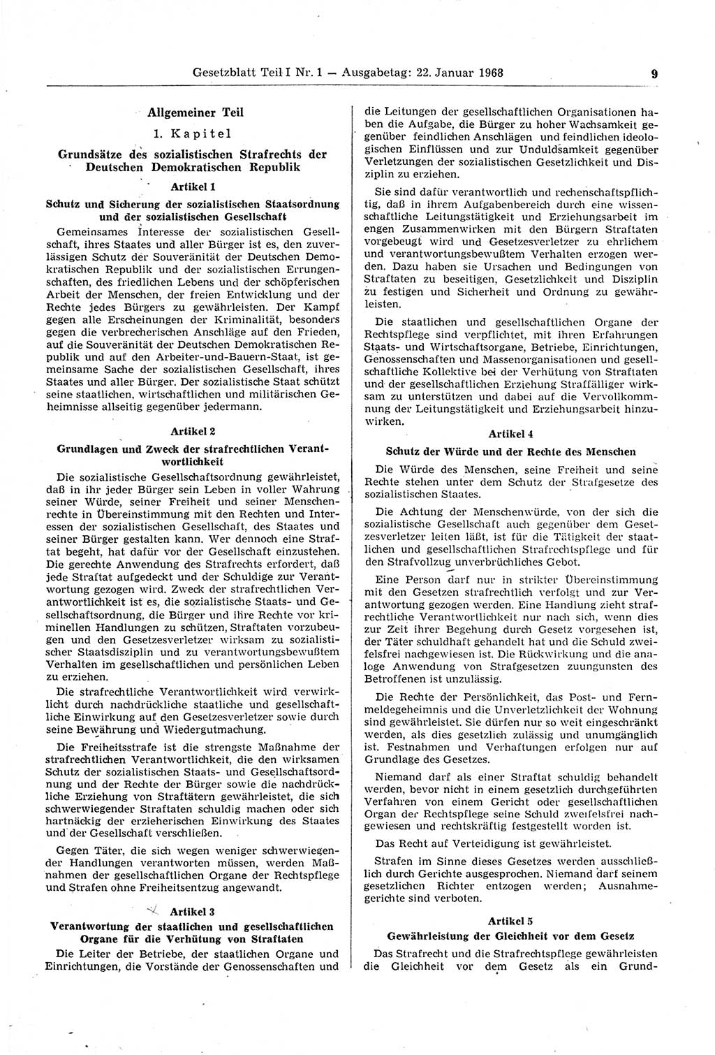 Gesetzblatt (GBl.) der Deutschen Demokratischen Republik (DDR) Teil Ⅰ 1968, Seite 9 (GBl. DDR Ⅰ 1968, S. 9)