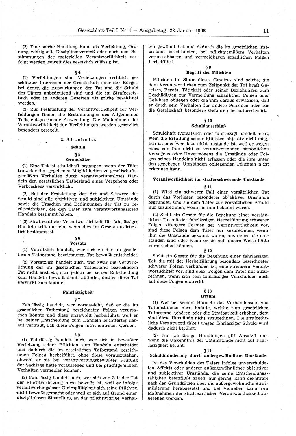 Gesetzblatt (GBl.) der Deutschen Demokratischen Republik (DDR) Teil Ⅰ 1968, Seite 11 (GBl. DDR Ⅰ 1968, S. 11)