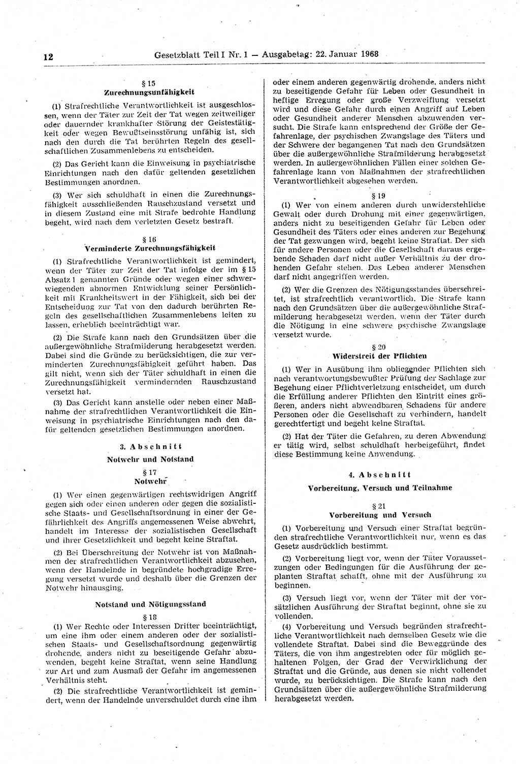 Gesetzblatt (GBl.) der Deutschen Demokratischen Republik (DDR) Teil Ⅰ 1968, Seite 12 (GBl. DDR Ⅰ 1968, S. 12)