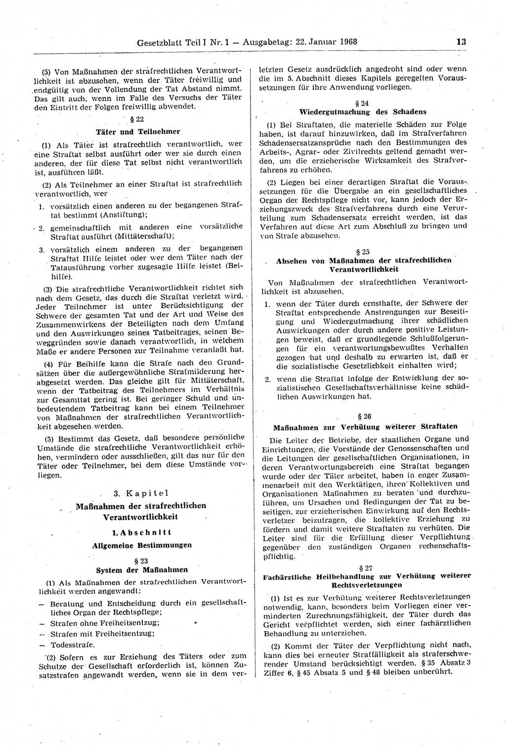 Gesetzblatt (GBl.) der Deutschen Demokratischen Republik (DDR) Teil Ⅰ 1968, Seite 13 (GBl. DDR Ⅰ 1968, S. 13)