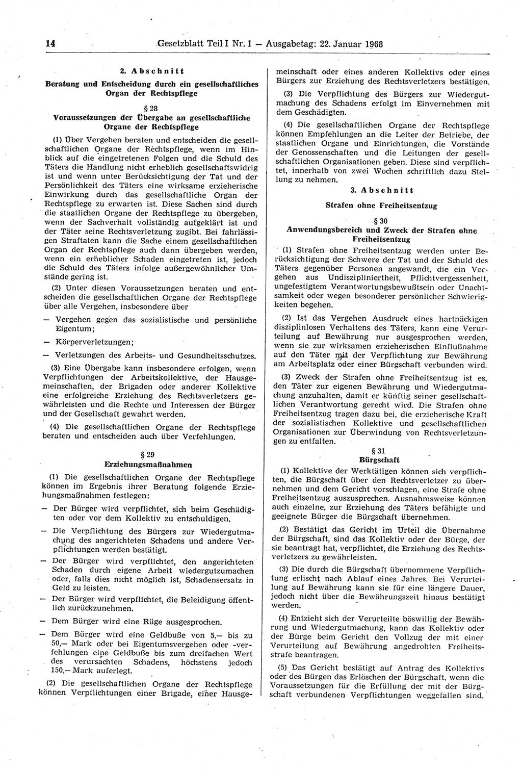 Gesetzblatt (GBl.) der Deutschen Demokratischen Republik (DDR) Teil Ⅰ 1968, Seite 14 (GBl. DDR Ⅰ 1968, S. 14)