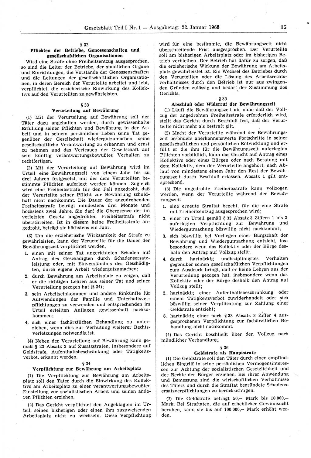 Gesetzblatt (GBl.) der Deutschen Demokratischen Republik (DDR) Teil Ⅰ 1968, Seite 15 (GBl. DDR Ⅰ 1968, S. 15)