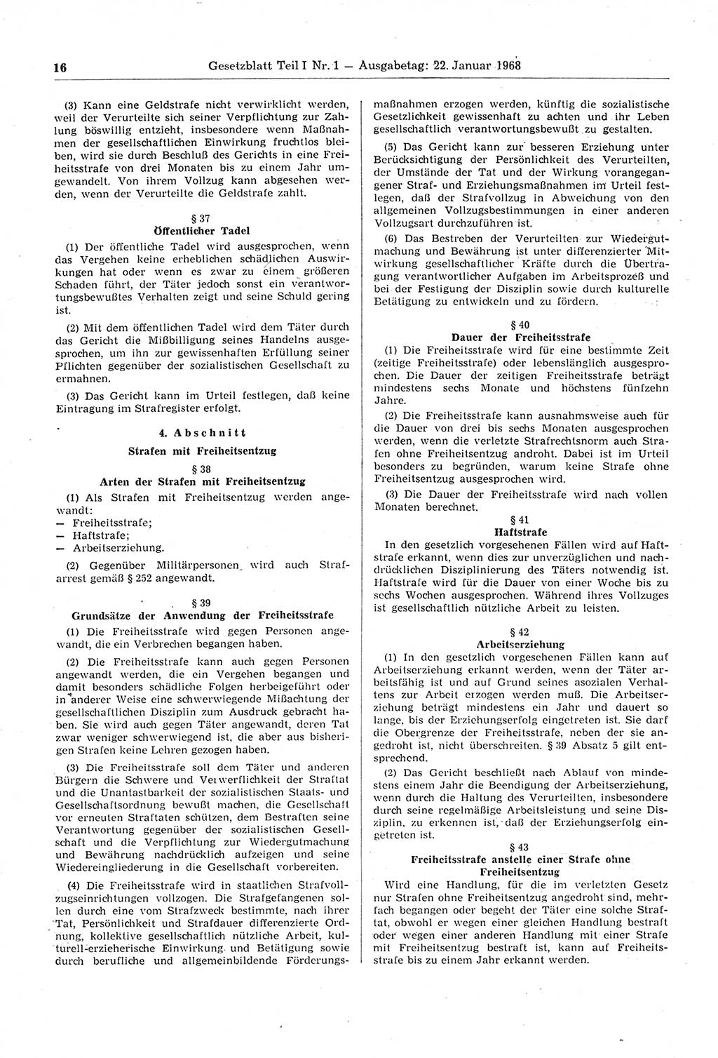 Gesetzblatt (GBl.) der Deutschen Demokratischen Republik (DDR) Teil Ⅰ 1968, Seite 16 (GBl. DDR Ⅰ 1968, S. 16)