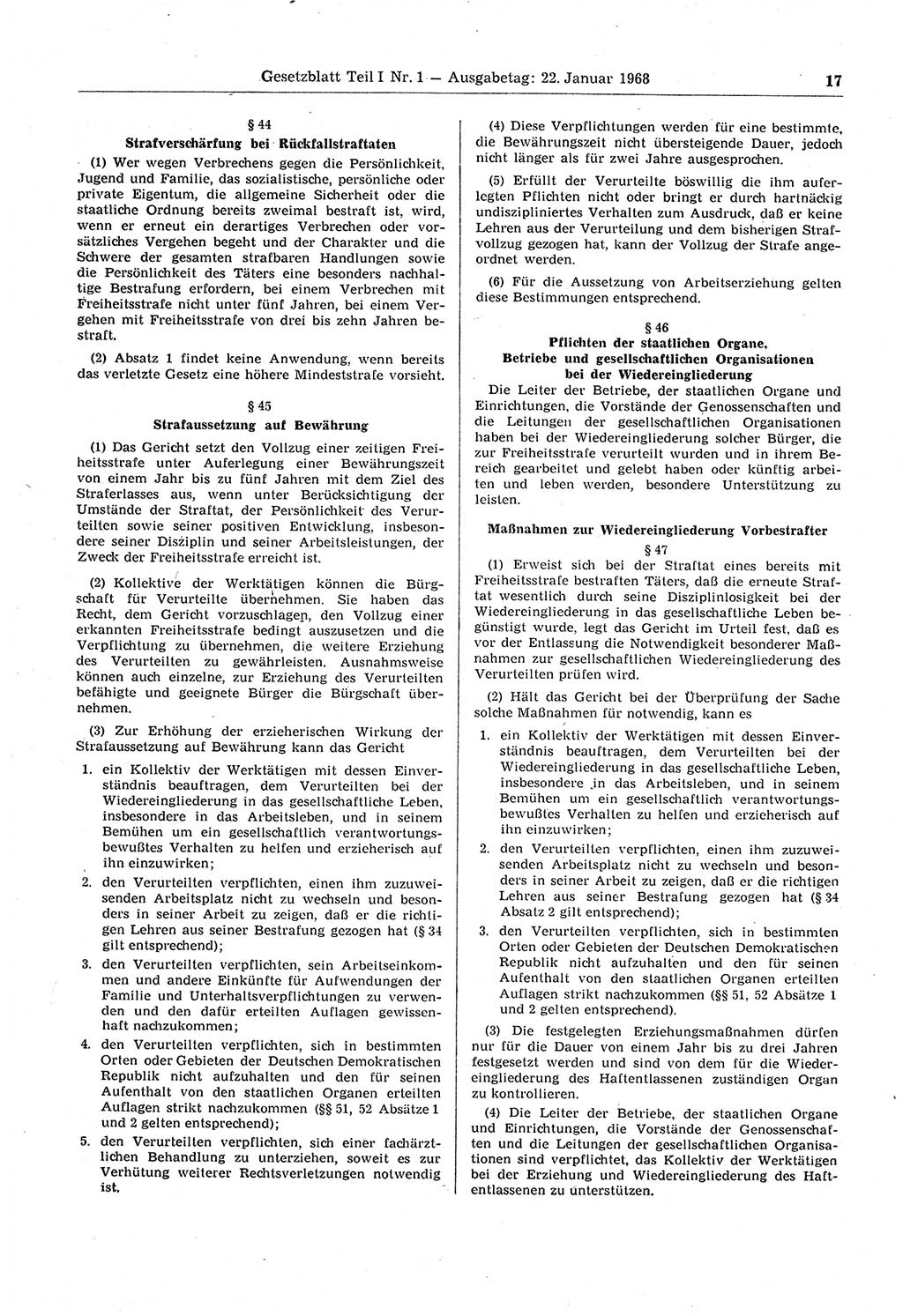 Gesetzblatt (GBl.) der Deutschen Demokratischen Republik (DDR) Teil Ⅰ 1968, Seite 17 (GBl. DDR Ⅰ 1968, S. 17)