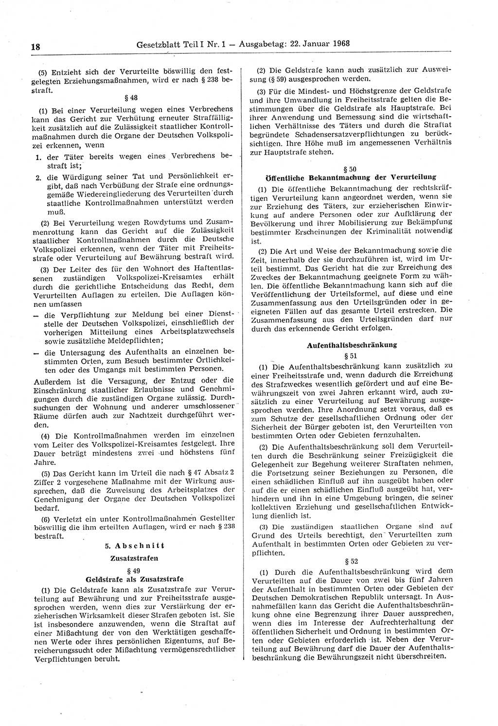 Gesetzblatt (GBl.) der Deutschen Demokratischen Republik (DDR) Teil Ⅰ 1968, Seite 18 (GBl. DDR Ⅰ 1968, S. 18)