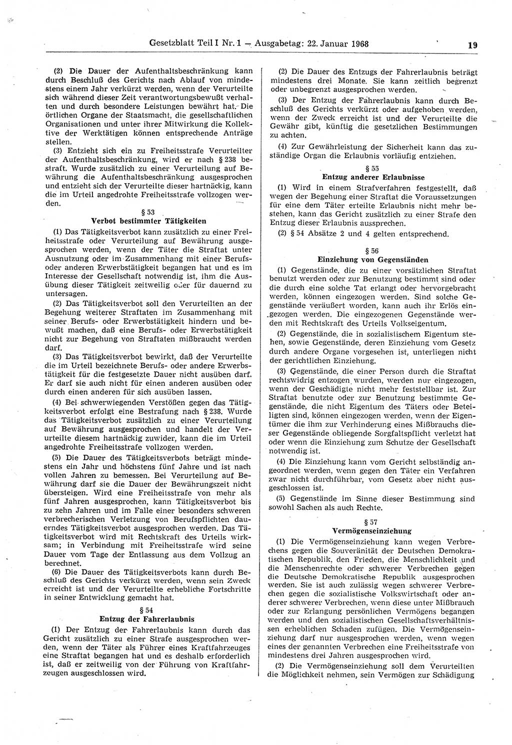 Gesetzblatt (GBl.) der Deutschen Demokratischen Republik (DDR) Teil Ⅰ 1968, Seite 19 (GBl. DDR Ⅰ 1968, S. 19)
