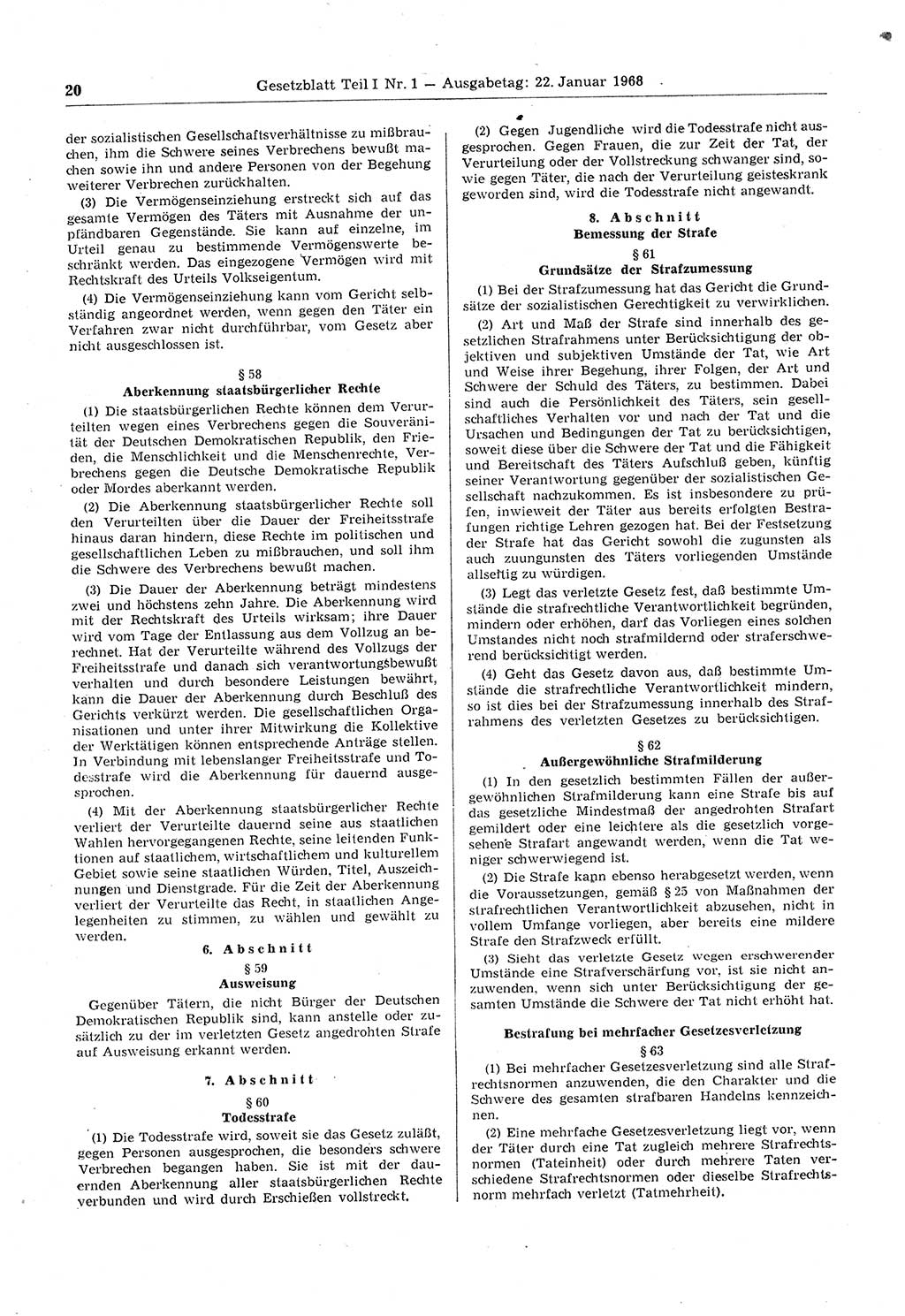 Gesetzblatt (GBl.) der Deutschen Demokratischen Republik (DDR) Teil Ⅰ 1968, Seite 20 (GBl. DDR Ⅰ 1968, S. 20)