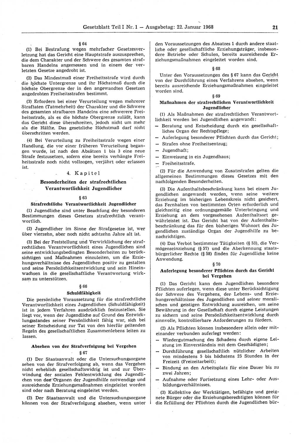 Gesetzblatt (GBl.) der Deutschen Demokratischen Republik (DDR) Teil Ⅰ 1968, Seite 21 (GBl. DDR Ⅰ 1968, S. 21)