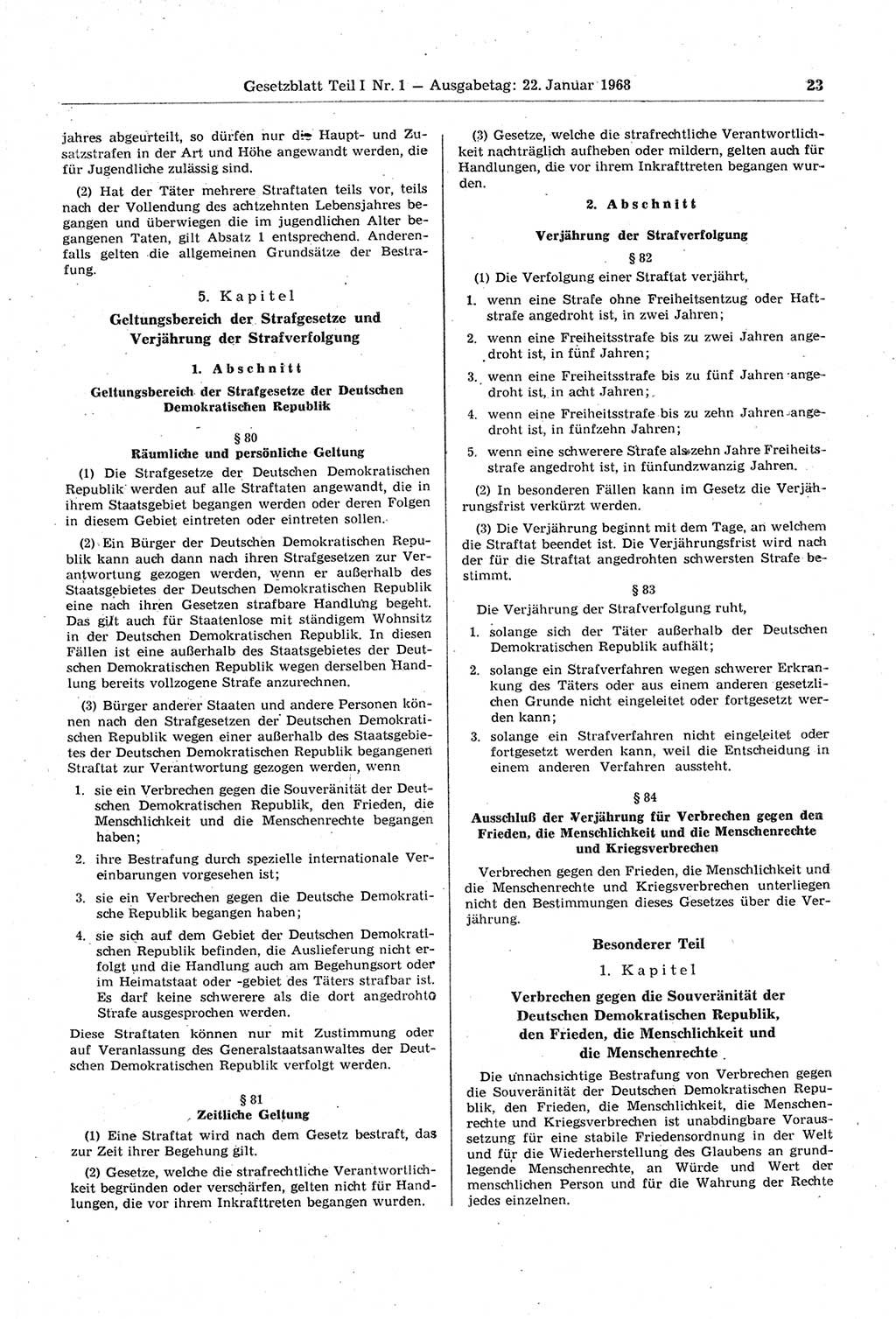 Gesetzblatt (GBl.) der Deutschen Demokratischen Republik (DDR) Teil Ⅰ 1968, Seite 23 (GBl. DDR Ⅰ 1968, S. 23)