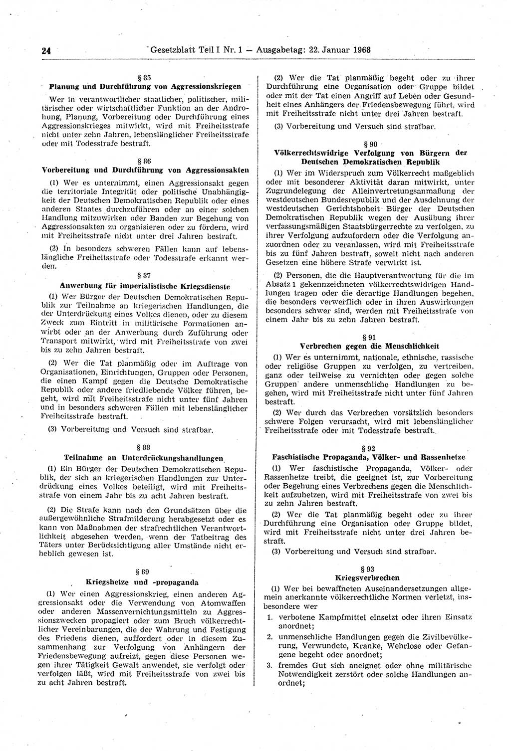 Gesetzblatt (GBl.) der Deutschen Demokratischen Republik (DDR) Teil Ⅰ 1968, Seite 24 (GBl. DDR Ⅰ 1968, S. 24)