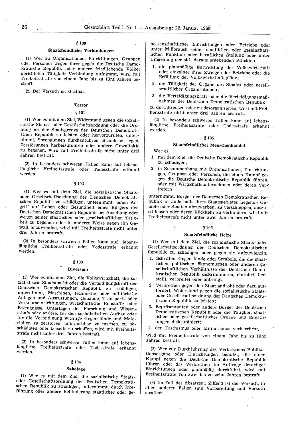 Gesetzblatt (GBl.) der Deutschen Demokratischen Republik (DDR) Teil Ⅰ 1968, Seite 26 (GBl. DDR Ⅰ 1968, S. 26)