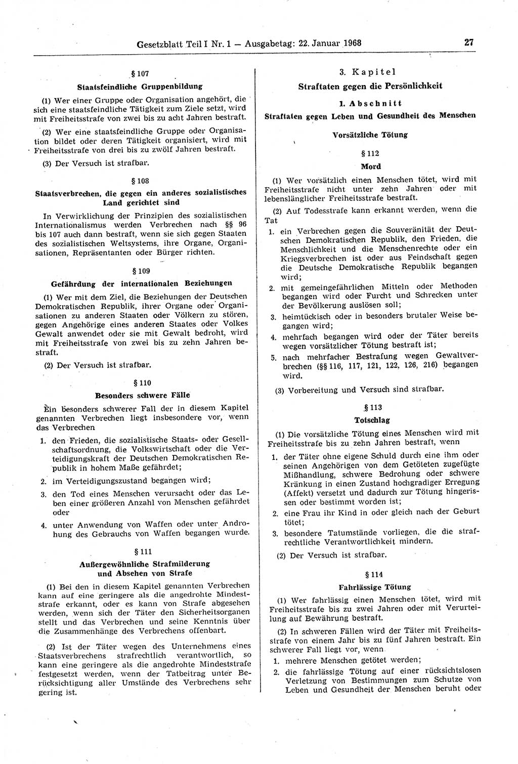 Gesetzblatt (GBl.) der Deutschen Demokratischen Republik (DDR) Teil Ⅰ 1968, Seite 27 (GBl. DDR Ⅰ 1968, S. 27)