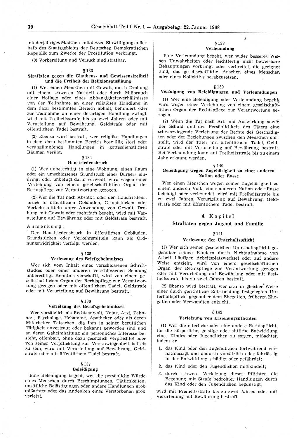 Gesetzblatt (GBl.) der Deutschen Demokratischen Republik (DDR) Teil Ⅰ 1968, Seite 30 (GBl. DDR Ⅰ 1968, S. 30)
