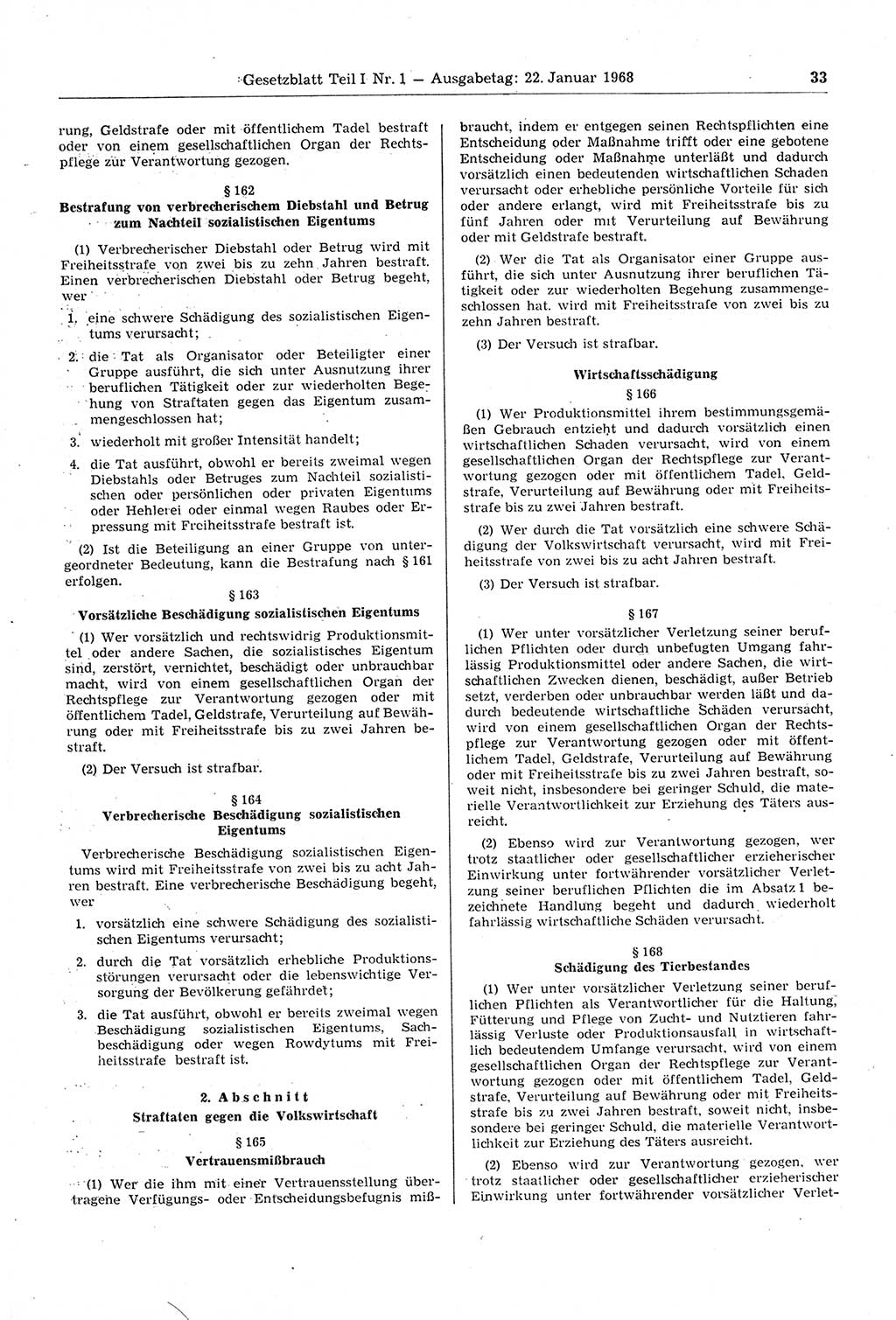 Gesetzblatt (GBl.) der Deutschen Demokratischen Republik (DDR) Teil Ⅰ 1968, Seite 33 (GBl. DDR Ⅰ 1968, S. 33)