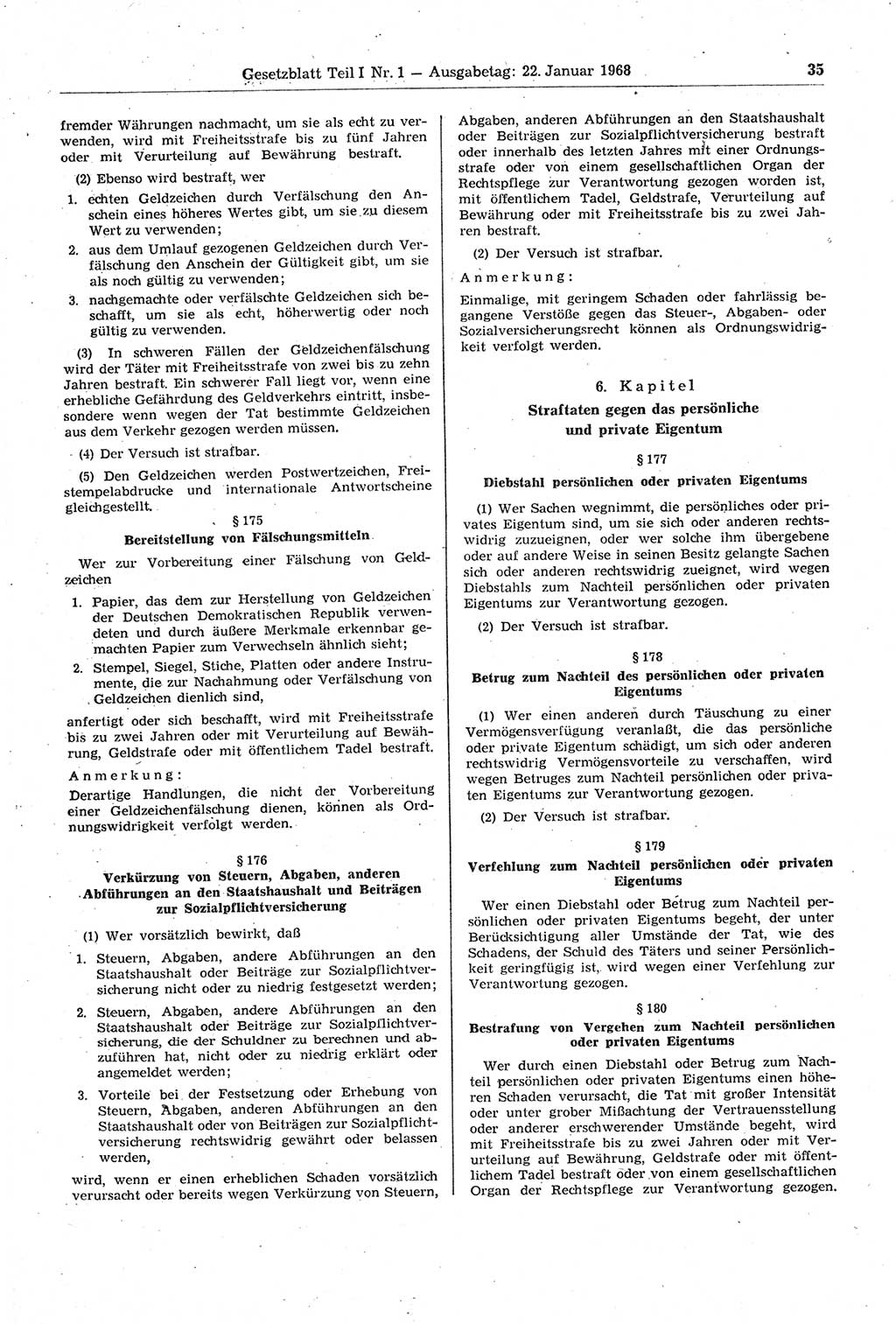 Gesetzblatt (GBl.) der Deutschen Demokratischen Republik (DDR) Teil Ⅰ 1968, Seite 35 (GBl. DDR Ⅰ 1968, S. 35)