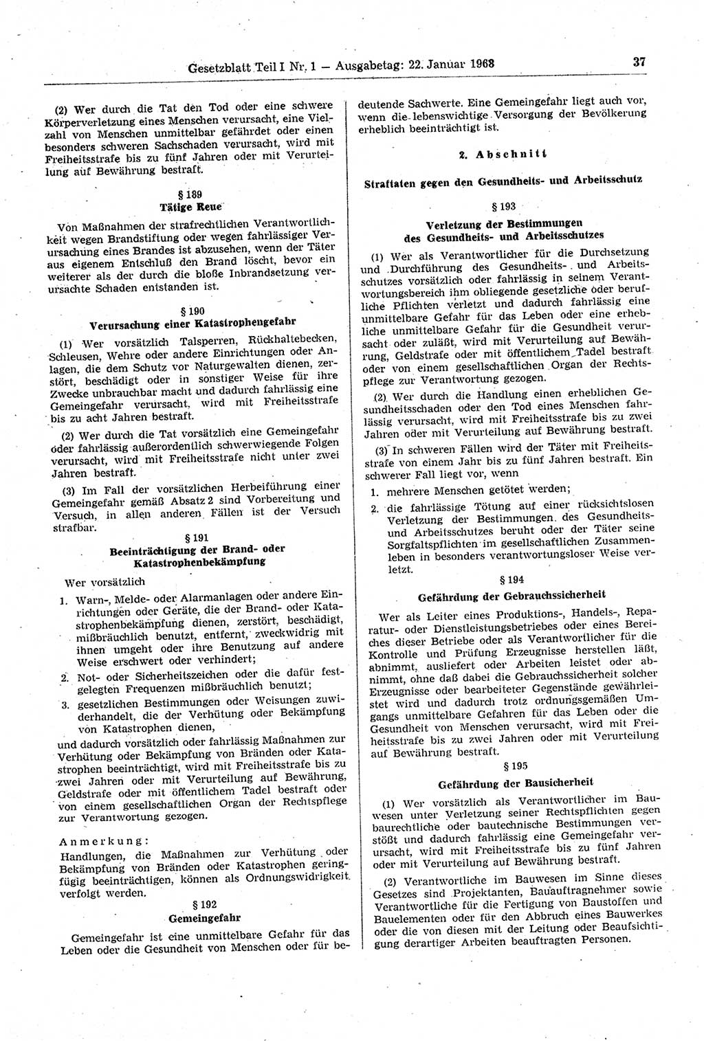 Gesetzblatt (GBl.) der Deutschen Demokratischen Republik (DDR) Teil Ⅰ 1968, Seite 37 (GBl. DDR Ⅰ 1968, S. 37)